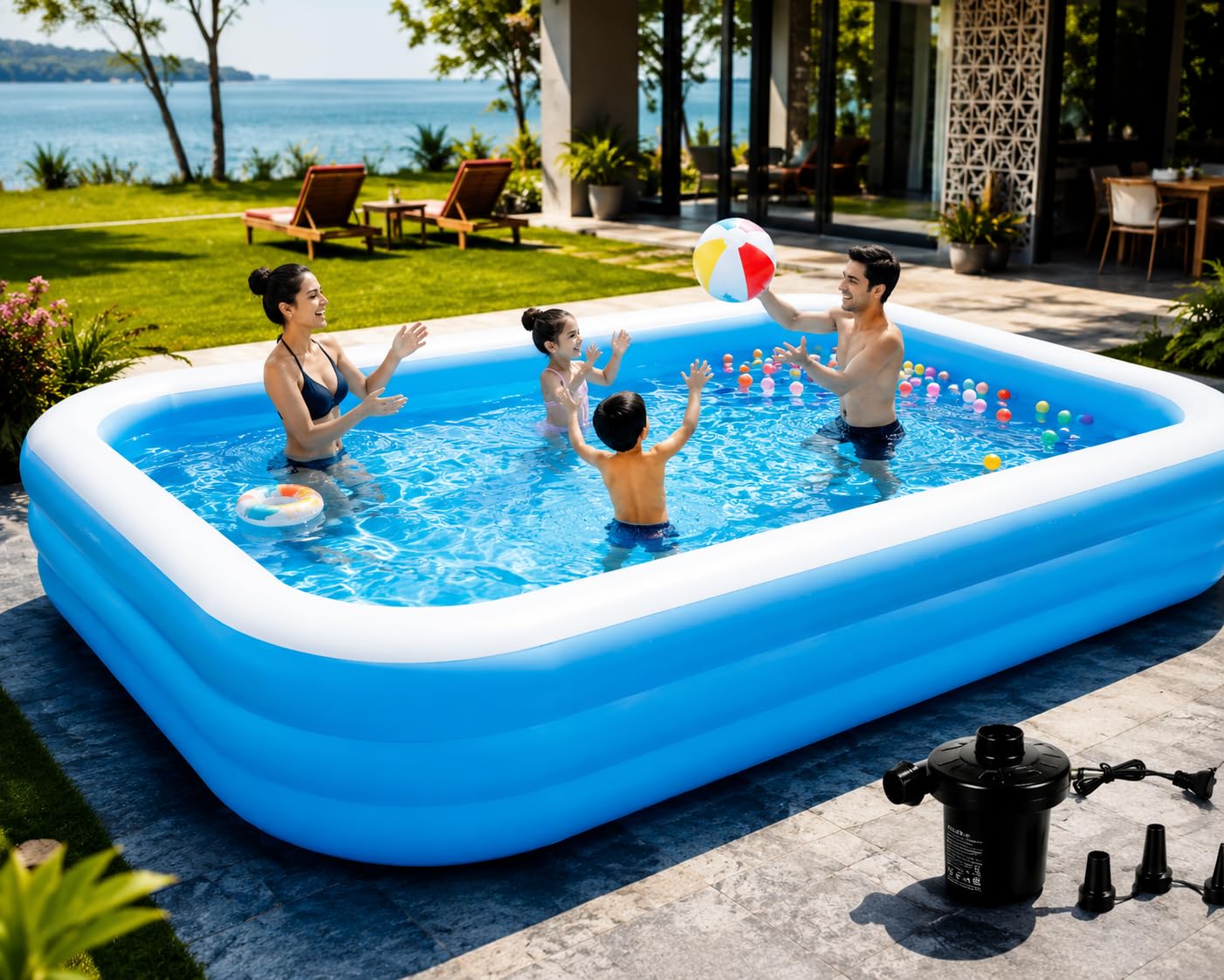 9 Feet Rectangular Inflatable Pool with Electric Pump Full-Sized Swimming with Family Bathtub for Kids Adults-picture-31