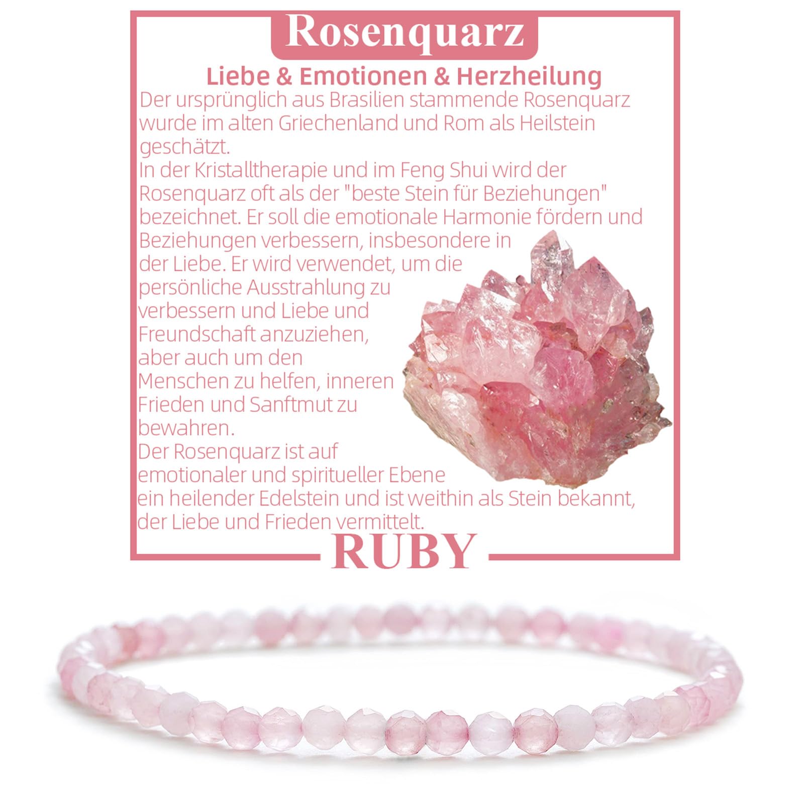 RUBY Perlenarmband Damen - Hochwertiges 4mm Edelstein Armband aus Facettierten Echten Natursteinen - Inklusive Geschenkbox Geschenk für Sie