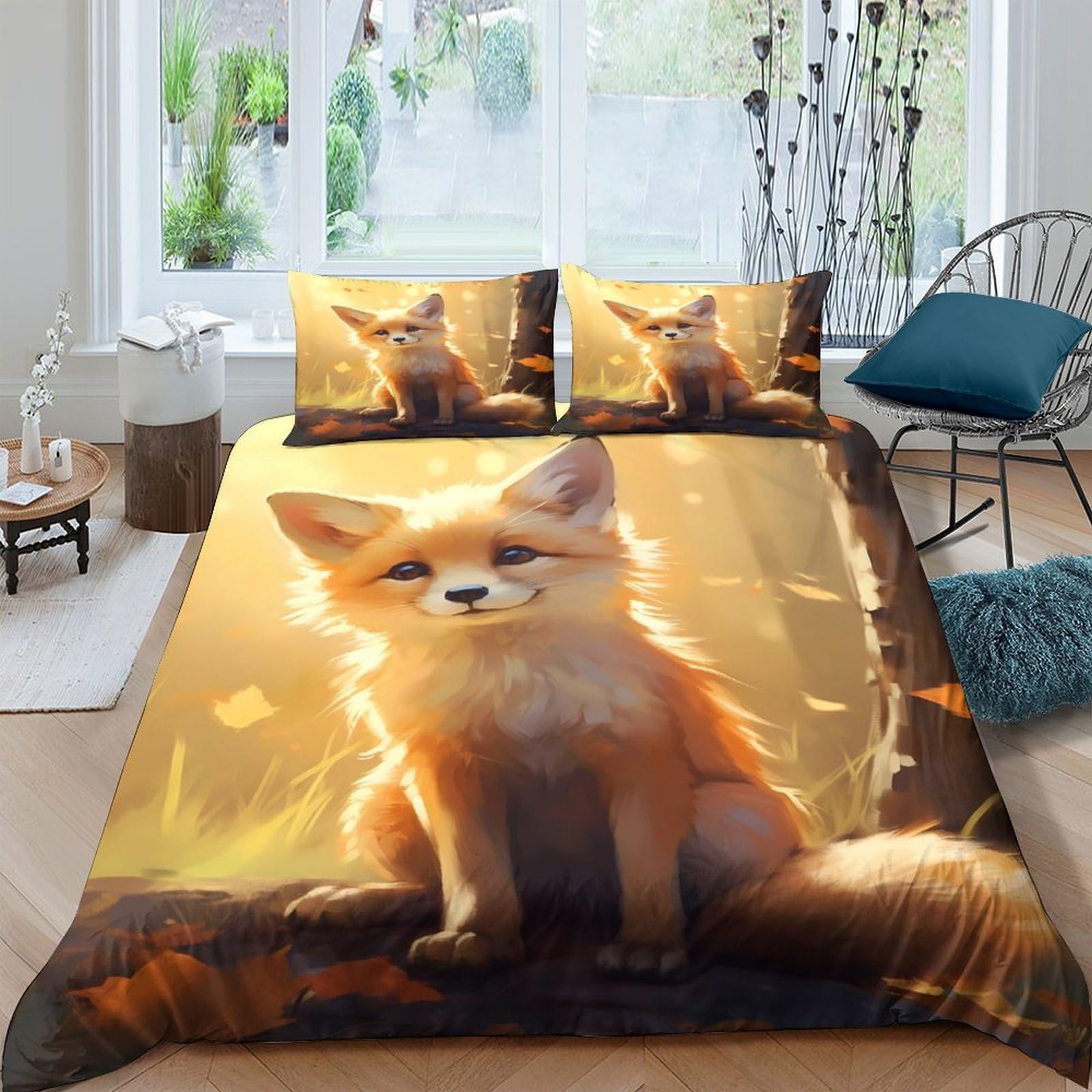 Ctjqhvkz Style-3 3D Printed Autumn Fox Fitted Sheet Microfiber Soft Breathable Woodland Leaves Bed Cover For Bedroom Guest Room Decor Single（135X200cm）