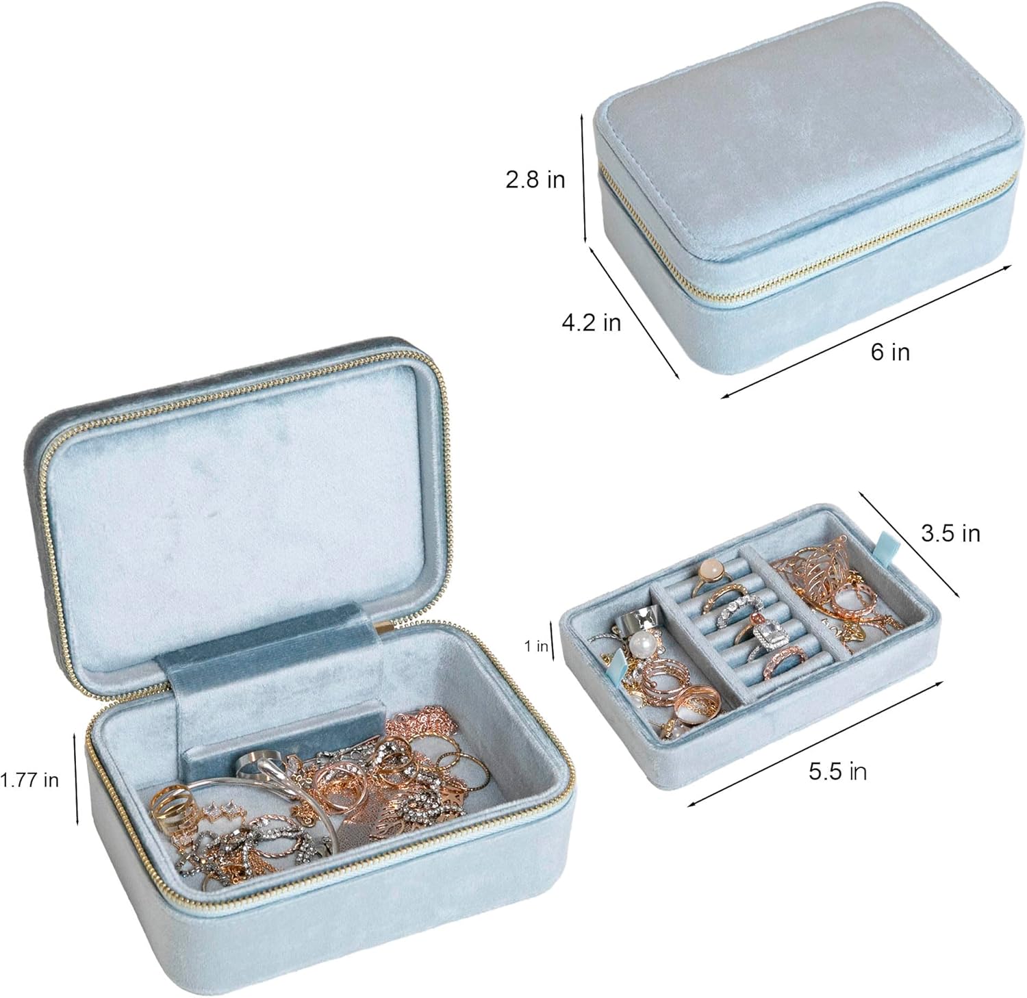 Customizable Two-Tier Velvet Jewelry Box With Mirror, Travel Case and Organizer for Women and Girls, Holder (Bottom Right, Powder Blue)