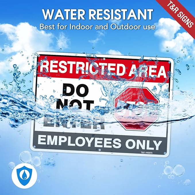 T&R Large Restricted Area Do Not Enter Employees Only Sign - 2 Pack - 14 x 10 Inches Rust Free .040 Aluminum - UV Protected, Waterproof, Weatherproof and Fade Resistant - 6 Pre-drilled Holes
