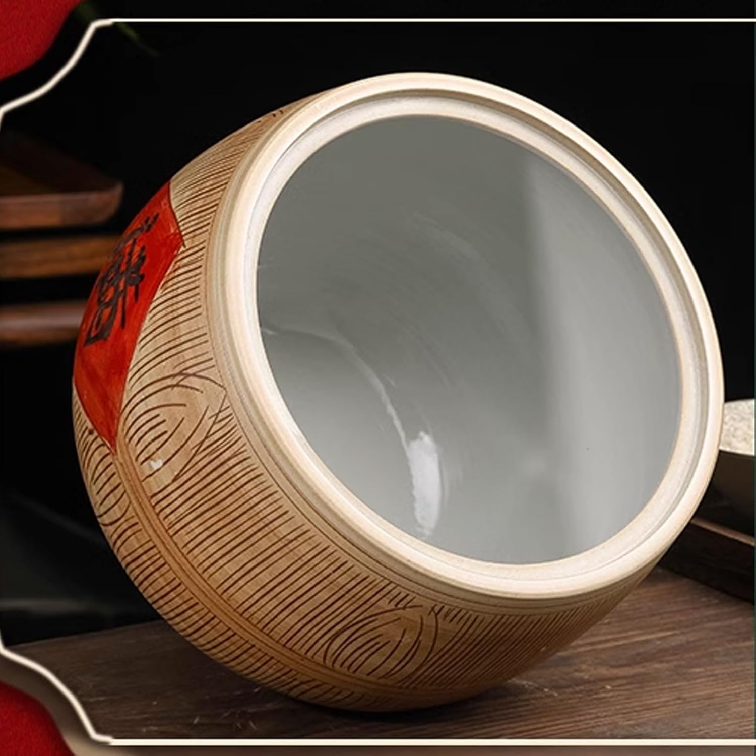 JKGHK Wood Color Rice Container, Chinese Ceramic Rice Bucket Rice Container, Rice Storage Container Cylinder with Lid, Storage Jars for Rice, Flour, Pet Food(15kg)