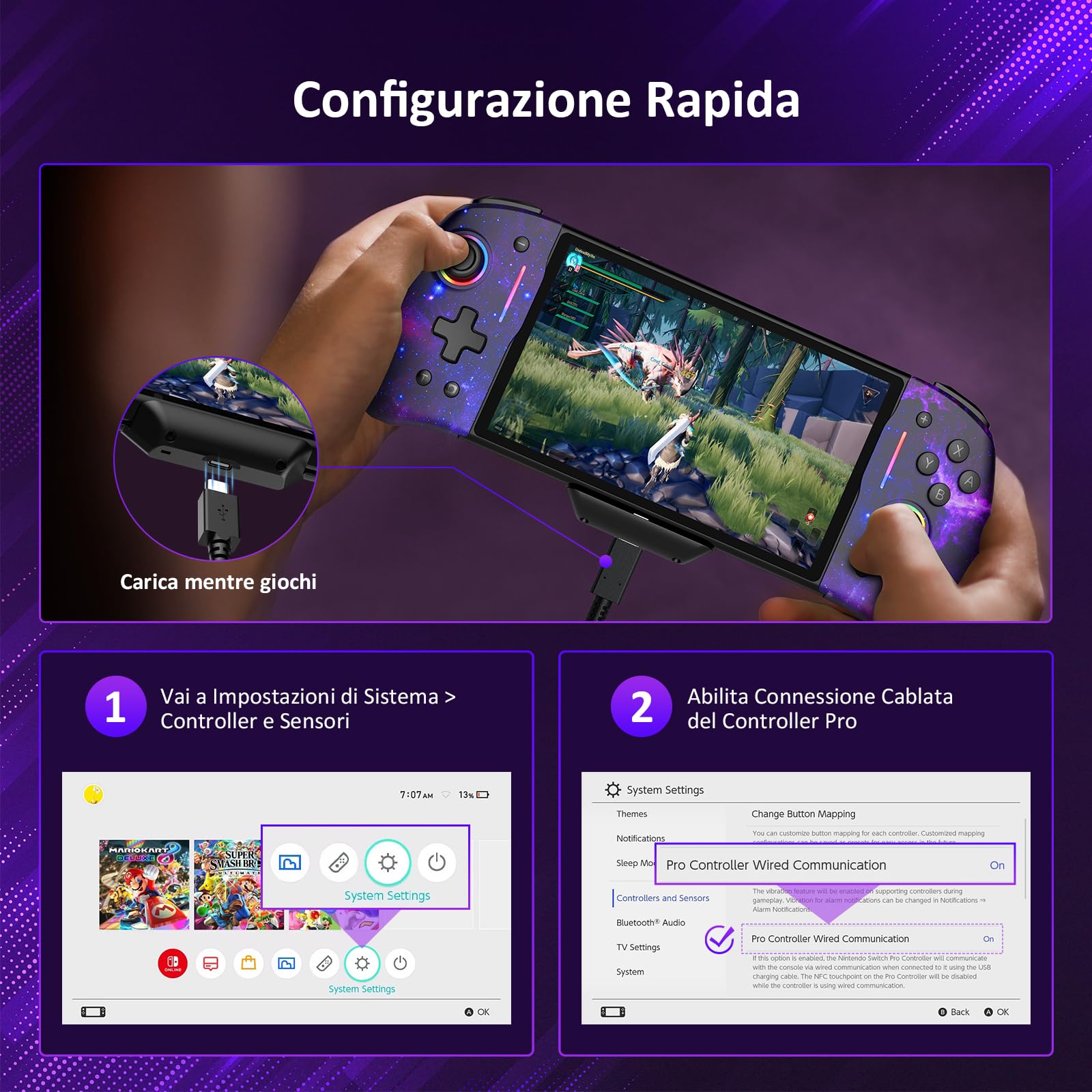 NexiGo Hall Effect Gripcon (Nessun Drift, Nessuna Deadzone) con Joystick a Effetto Hall per Switch/Switch OLED, Luce RGB Regolabile, giroscopio a 6 Assi, Turbo, Mappatura (Cosmic Nebula)