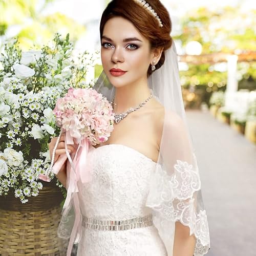 Miniatura 8 de Innens Regalos para ella novia esposa hermana hija mamá mejores amigas velo corto de 2 niveles de encaje para boda con peine y guantes de encaje