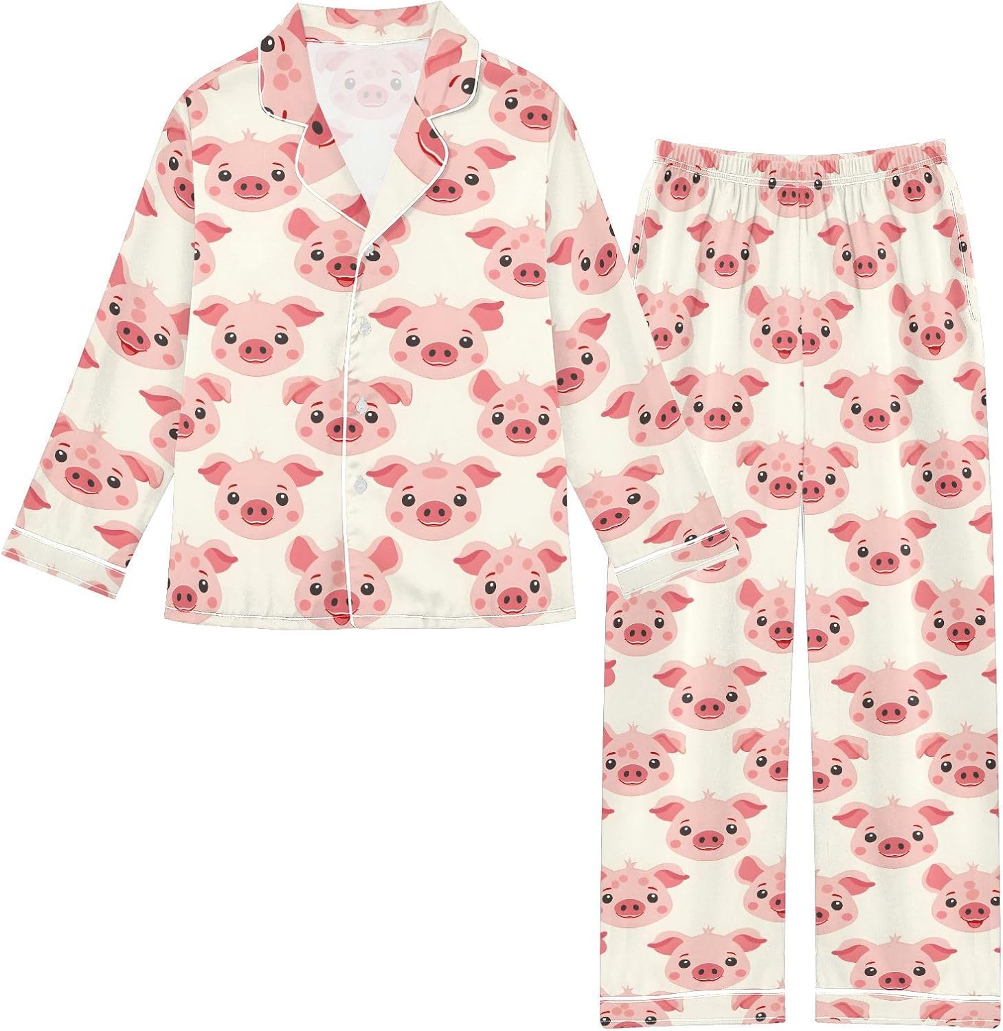 Cartoon Pig Face A Satin Pajama Sets Long Sleeves Nightwear Button Down Sleepwear