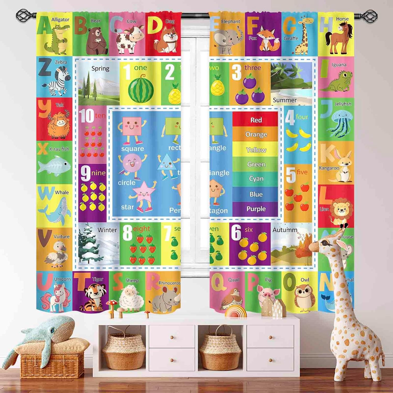 ABC Alphabet Classroom Curtains,Cartoon Animal Colorful Geometry Shapes Funny Education Learning Window Drapes for Nursery Kids Toddler Baby Bedroom Living Room 2 Panels,42X45 Inch