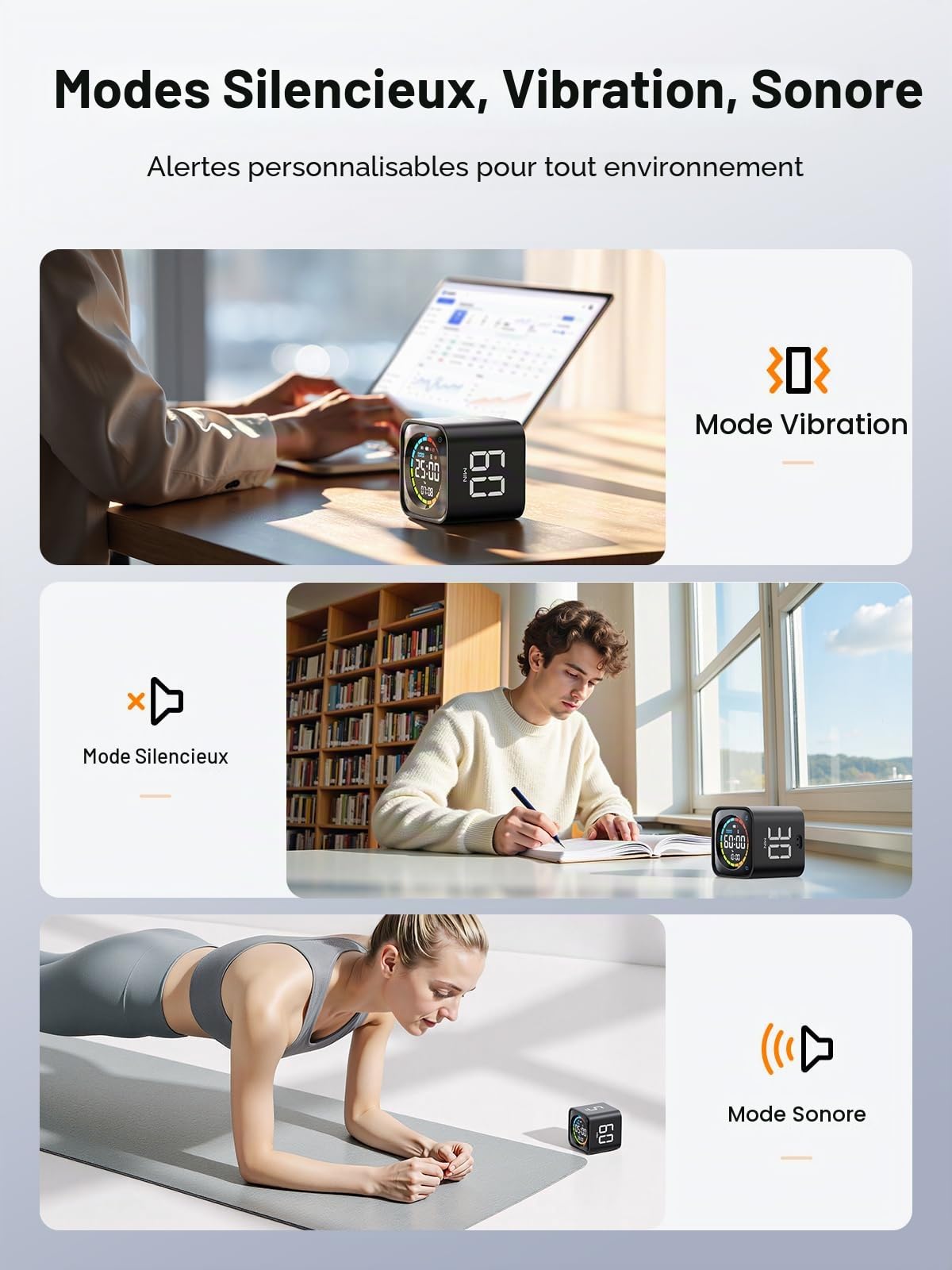 Ticktime TK3 Minuteur Pomodoro Cube, Préréglages 5/10/30/60 Min, Compte à Rebours Personnalisé, Chronomètre & Horloge, 3 Alarmes, Silencieux/Vibration/Son, Rechargeable pour TDAH Etude Travail, Noir