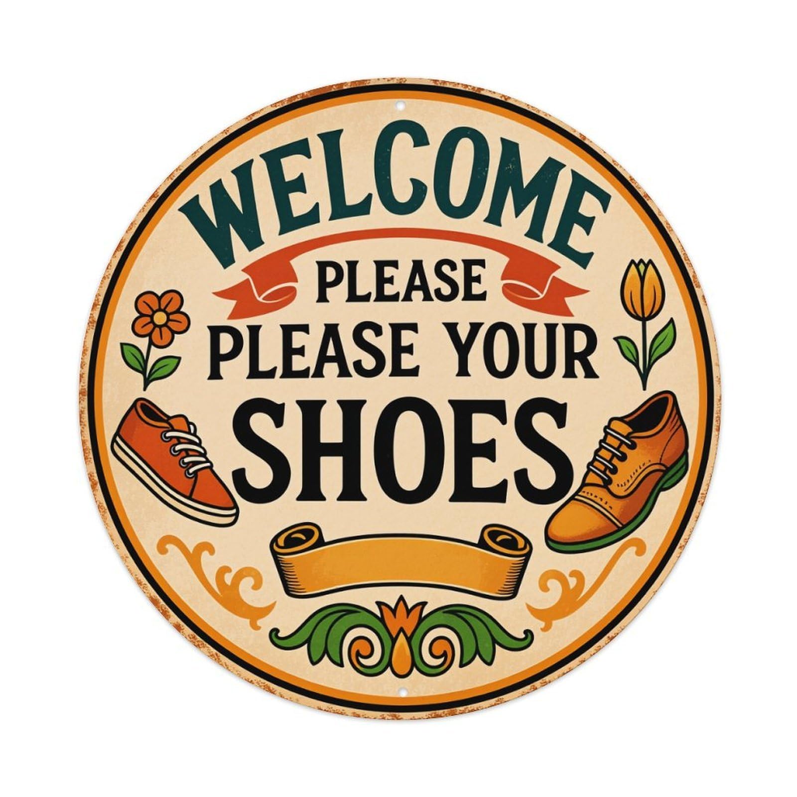 Welcome Please Your Shoes Sign Round Tin Sign Retro Metal Sign for Cafe Bar Pub Home Game Room Gym Club Wall Decoration Vintage Metal Poster 8x8 Inch