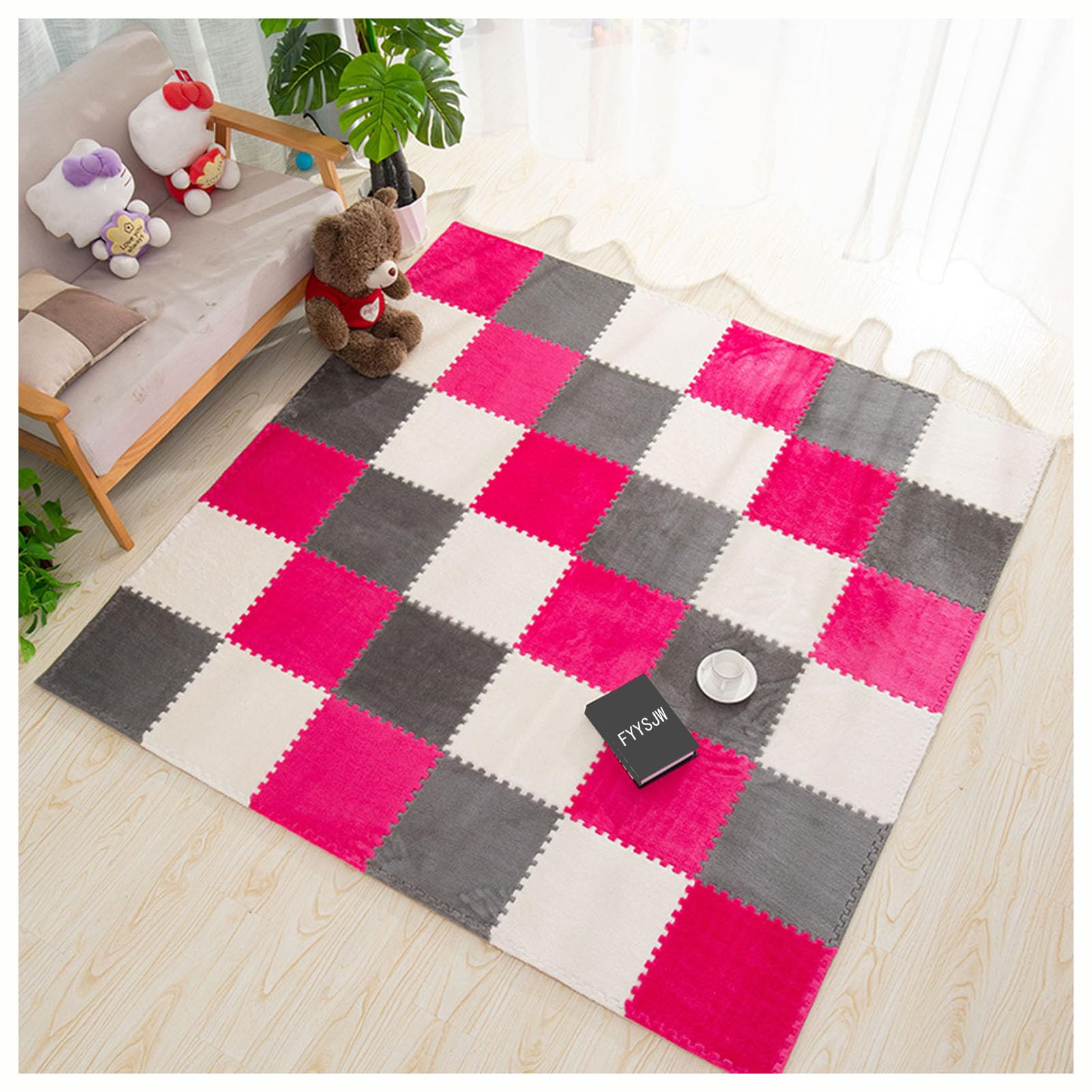 Mata do układania puzzli Piankowa mata podłogowa typu puzzle, opakowanie 9 sztuk wielokolorowych, blokujących pluszowych płytek piankowych o wymiarach 12 x cali(Rose Red+gray+white)