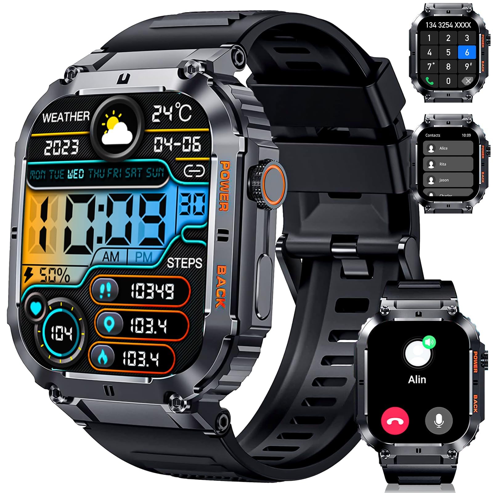 Smart Watch - 2 inch Rugged Watch for Android Phones 100M Waterproof Bluetooth Call 100 Sports Modes Ultra