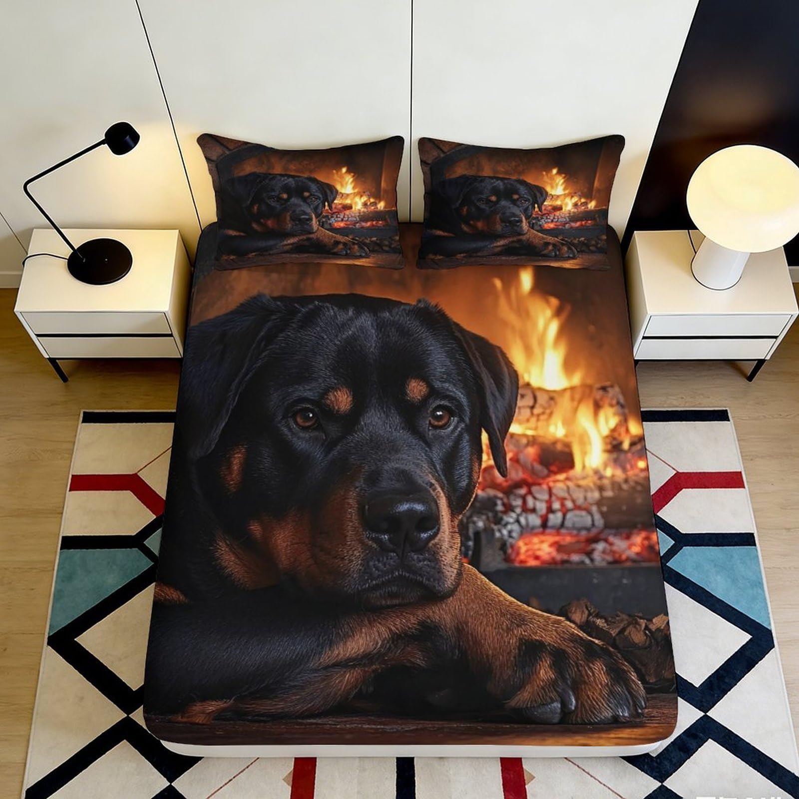 3D Printed Rottweiler by Fireplace Fitted Sheet Microfiber Anti-Slip Bed Cover for Bedroom Guest Room Decor 90x200x25cm