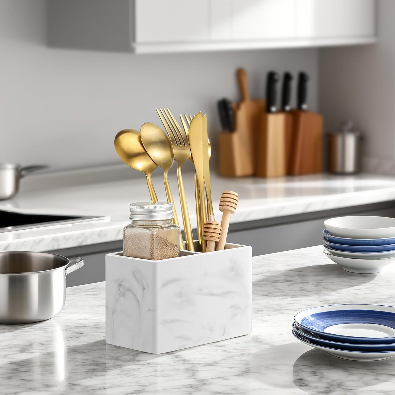 Luxspire Toothbrush Holder, Fast Drying Tooth Brush Holder for Bathroom, Diatomite Electric Tooth Brush and Toothpaste Organizer for Bathroom Kitchen Vanity Countertop, Marble White - Image 7