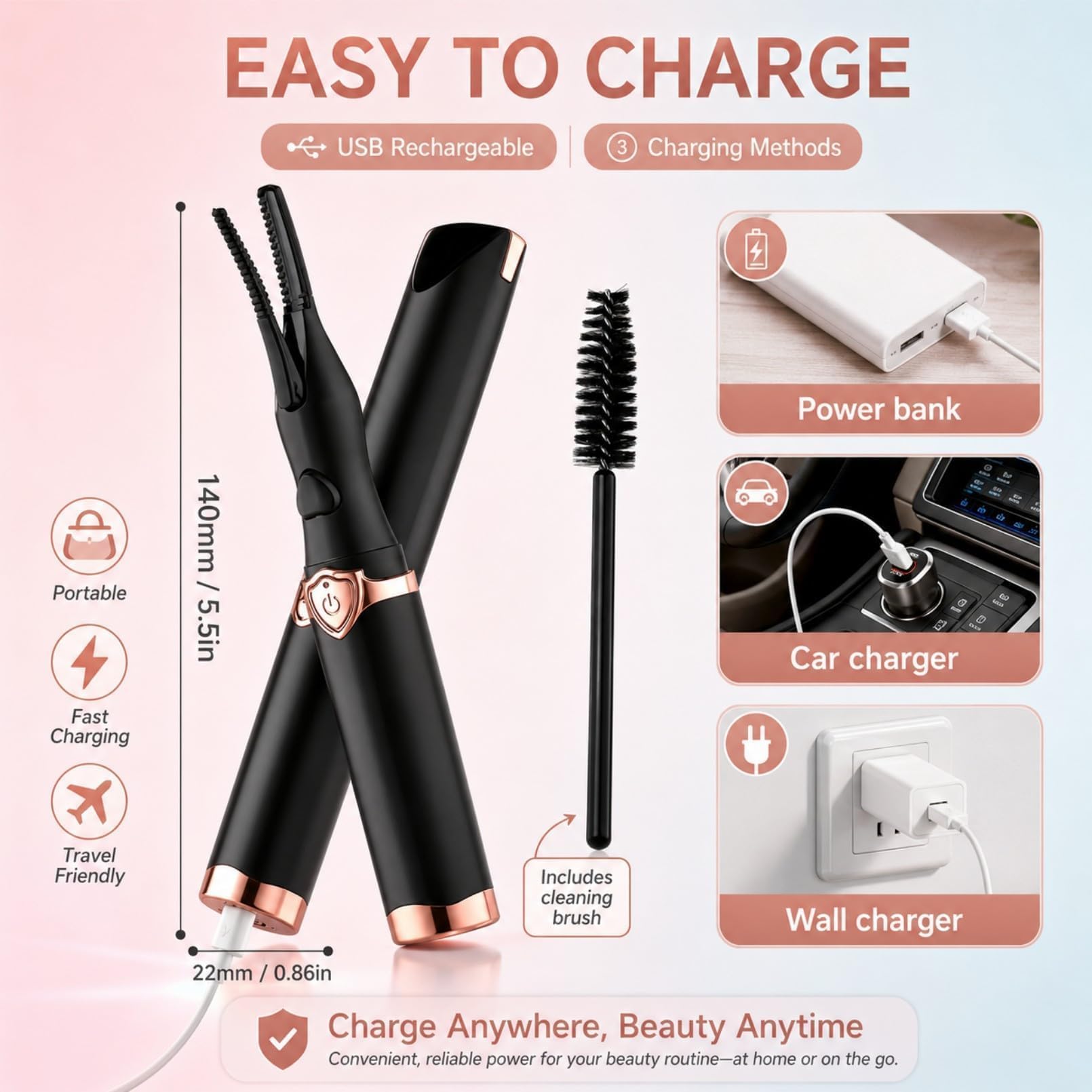 Rizador Pestañas Electrico, Heated Eyelash Curler con Termico Calienta en 10 seg 3 Accurate Temperaturas Hasta 95°C para Longue Efecto 24 Horas, Auto Off, Uso Rápido y Sencillo, Recargable por USB