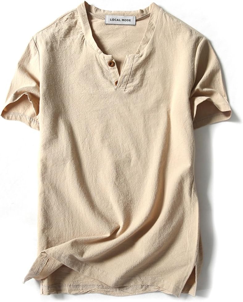LOCALMODE Men Linen and Cotton V Neck Short Sleeve T Shirts Casual Tee…