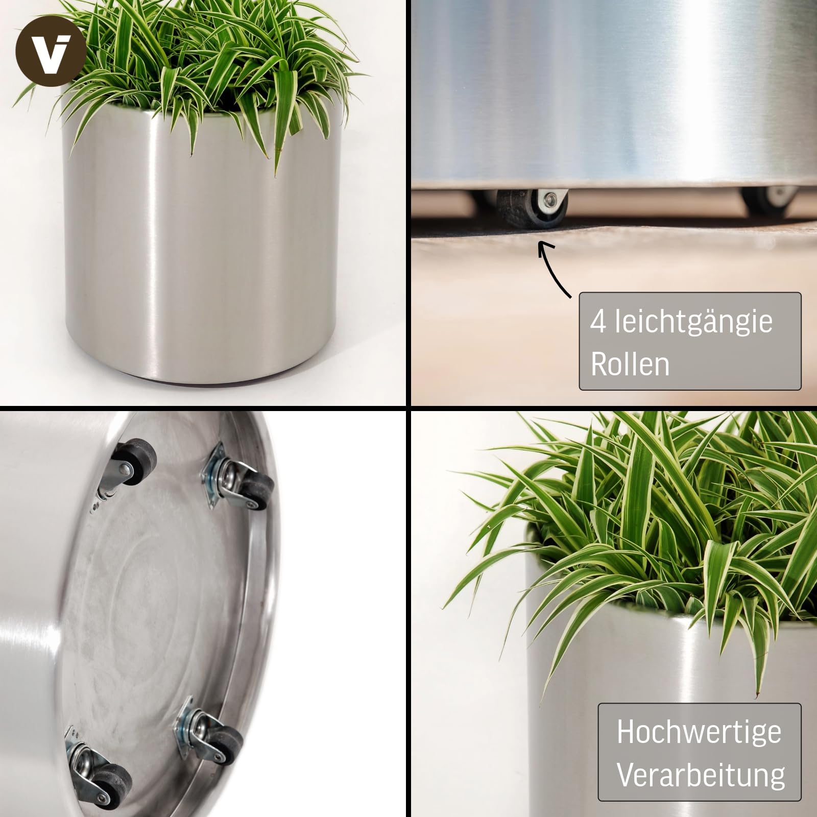 VIVANNO Pflanzkübel Edelstahl New Rondo - Wetterfest & Rostfrei mit Rollen | Mobiler Blumenkübel Ø40x40 cm, wetterbeständig, für außen & draußen, rostresistent, edles Design, korrosionsbeständig.