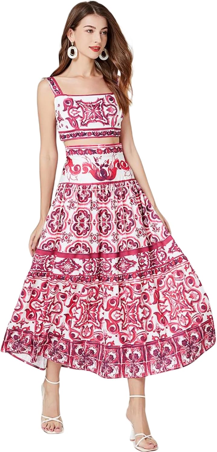 Women's Celadon Print Camisole with Vest Two Piece Set Dress Bohemian Long Dresses - Image 3