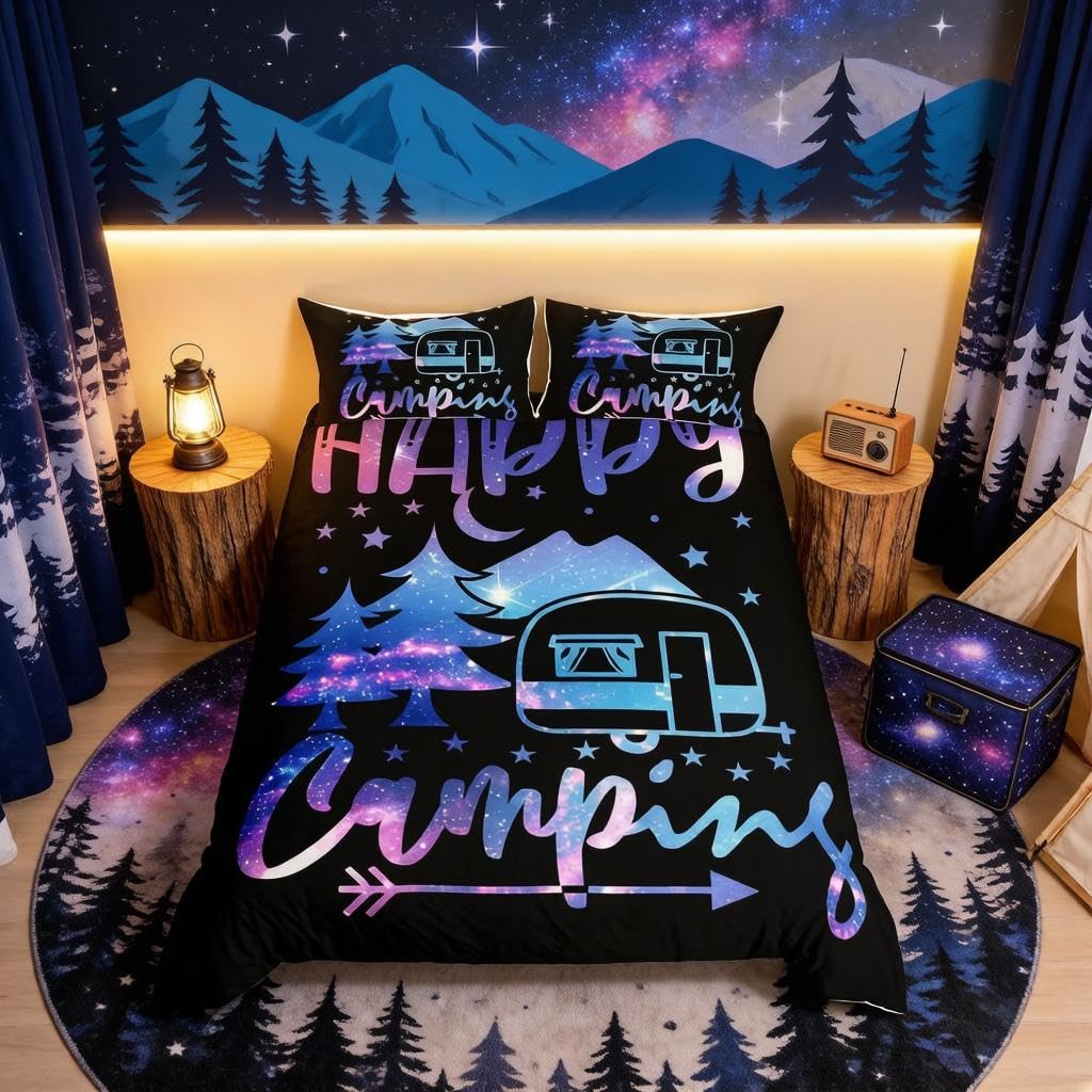 Loussiesd Kids Camper Bedding Set Galaxy Happy Camping Duvet Cover King for Boys Girls Teens Farmhouse Rustic Camper Bedroom Decor Bedclothes Purple Blue Night of the Universe Bedding — image 1