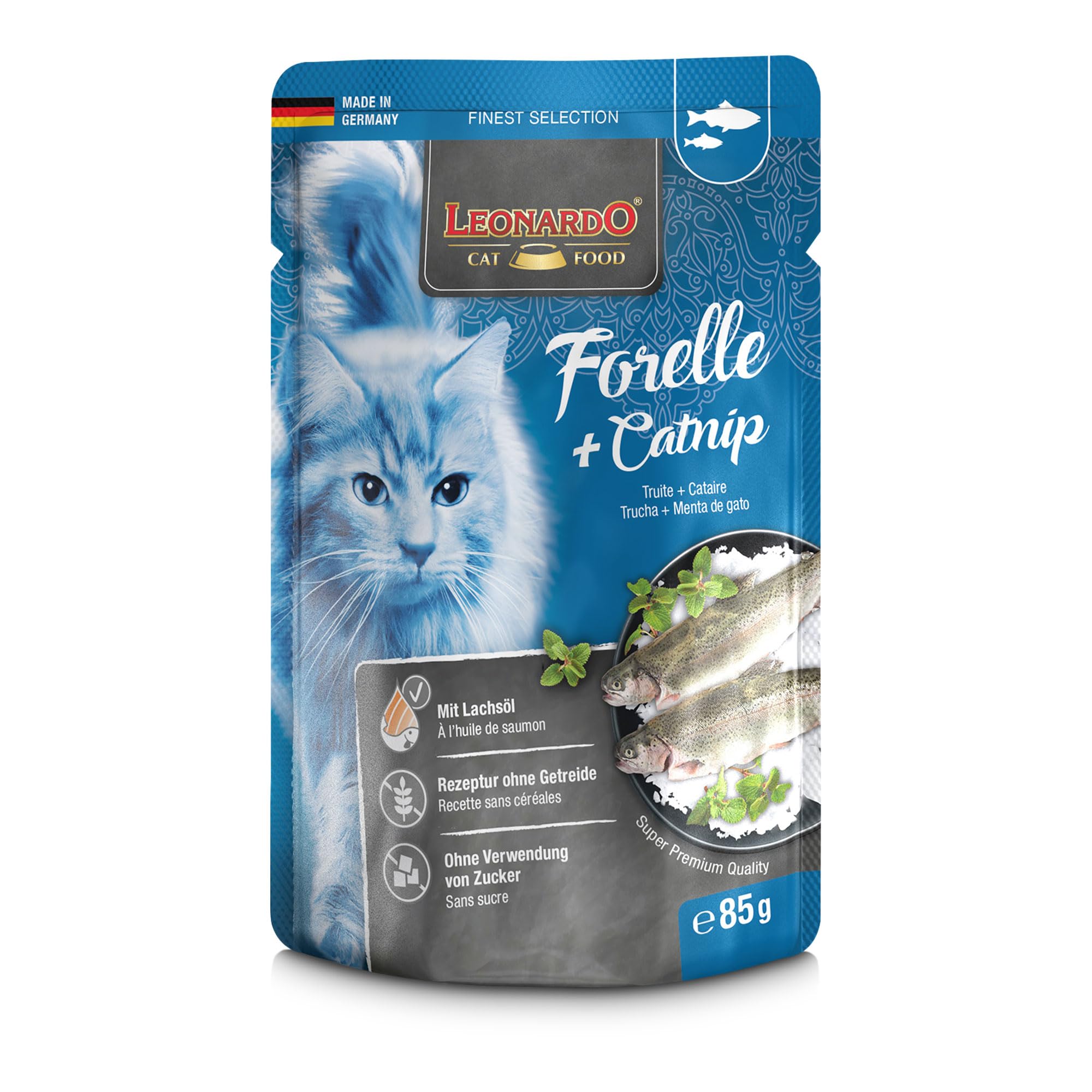 LEONARDO Finest Selection pstrąg i kociak | dwupak | 2 x 16 x 85 g | mokra karma dla dorosłych kotów | zalecana w przypadku nietolerancji pokarmu | worek świeżości