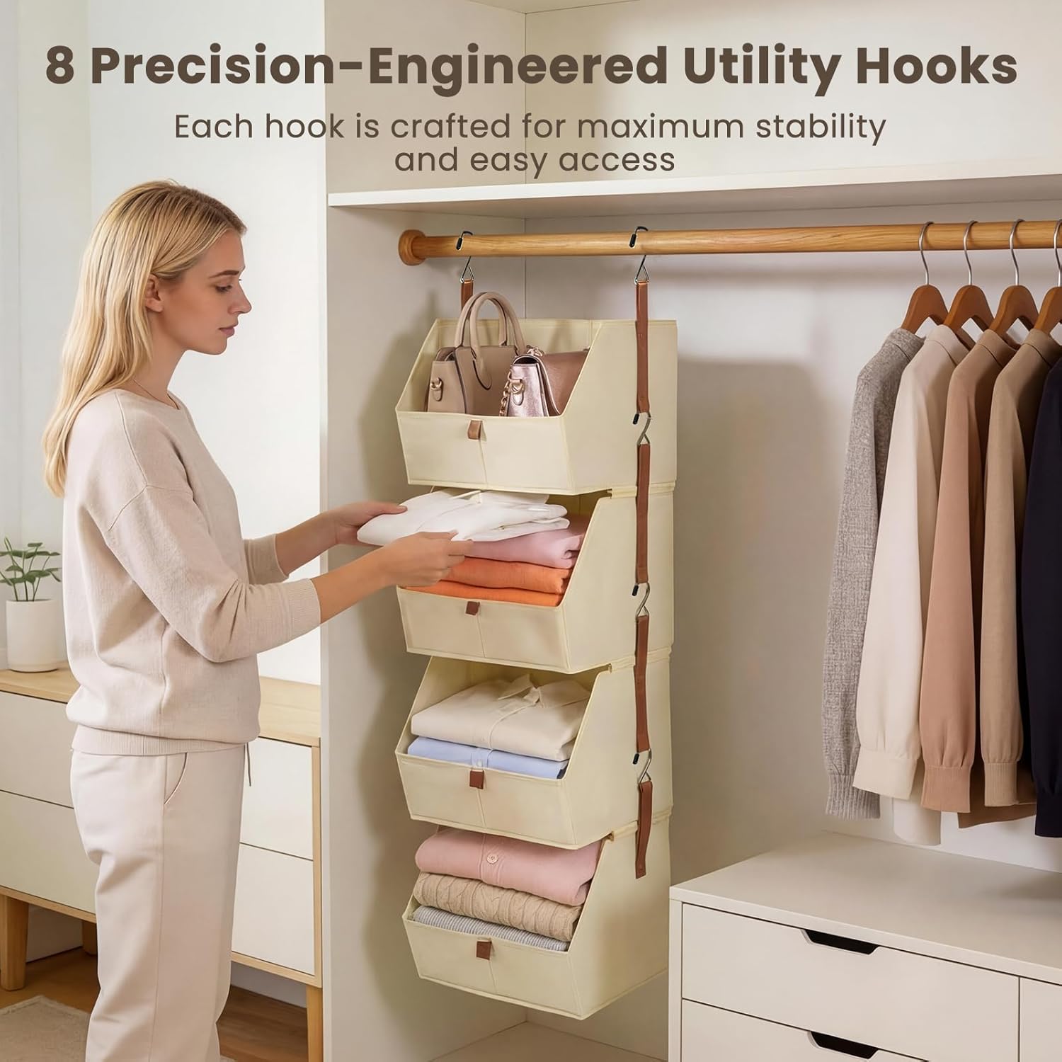 4-Tier Modular Hanging Closet Organizer, Heavy-Duty Detachable Clothes Hanging Shelves with Reinforced Zippers and 8 Durable Hooks, Versatile Fabric Storage Bins for Bedroom, RV, Nursery