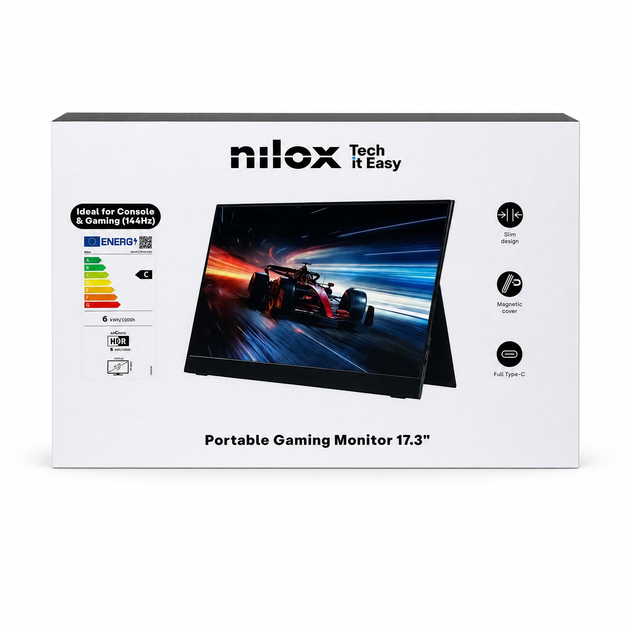 Nilox NXMP17FHD1441 Monitor Portatile 17.3'' IPS Full HD, Frequenza 144 Hz, Connessioni USB‑C e Mini‑HDMI, Design Ultra‑Sottile