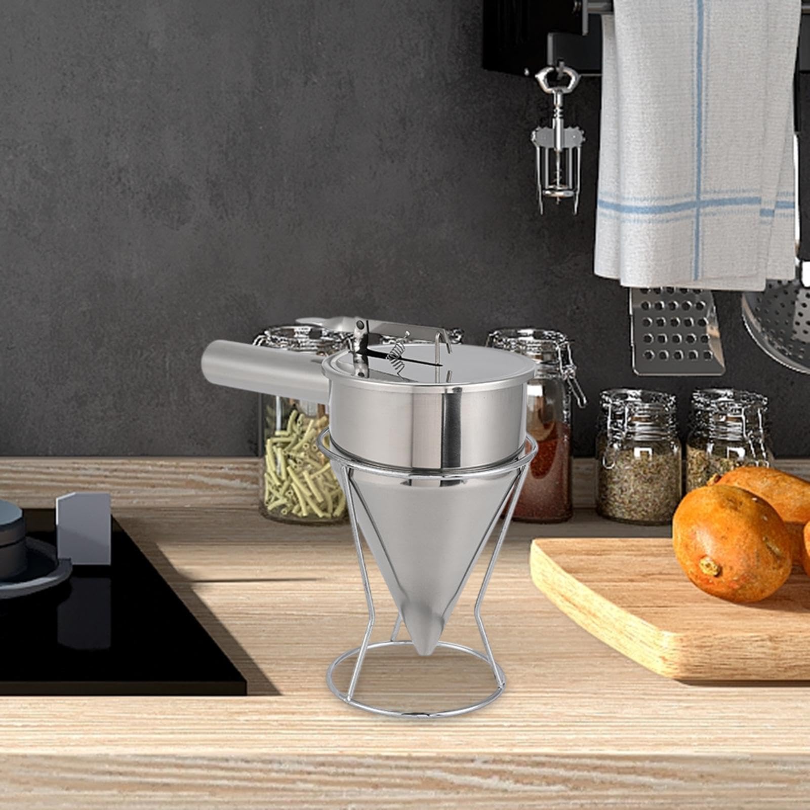 Dispenser in Acciaio Inox per Frittelle a Imbuto con Supporto, Ideale Anche per Muffin E Polpette a Forma di Polpo, Bocca 14mm
