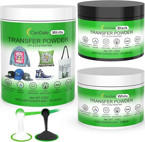 CenDale Kit de polvo DTF, incluye polvo de transferencia digital DTF blanco y negro para sublimación, compatible con impresoras DTF y DTG, polvo DTF