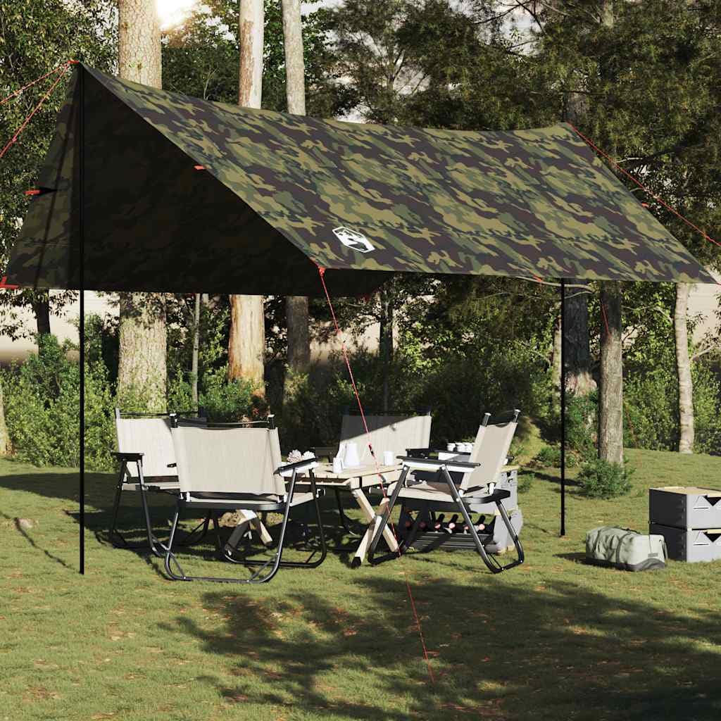 Tarp Olivgrün, Campingplane mit 2 Stangen, 462x306x211 cm, Sonnensegel für Outdoor und Trekking, Zeltplane mit Tragetasche, Regenschutz