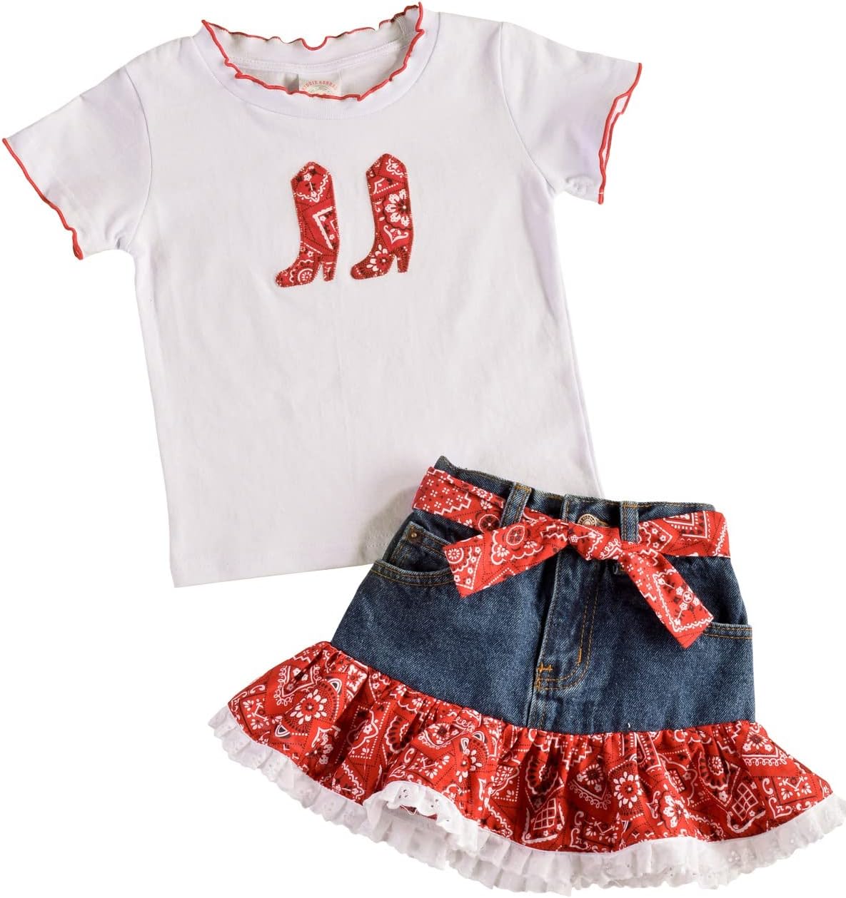 Girls Rodeo Skirt Set, 2 Piece Denim Skirt and Bandana Boots Tee, Cowgirl Western Outfit