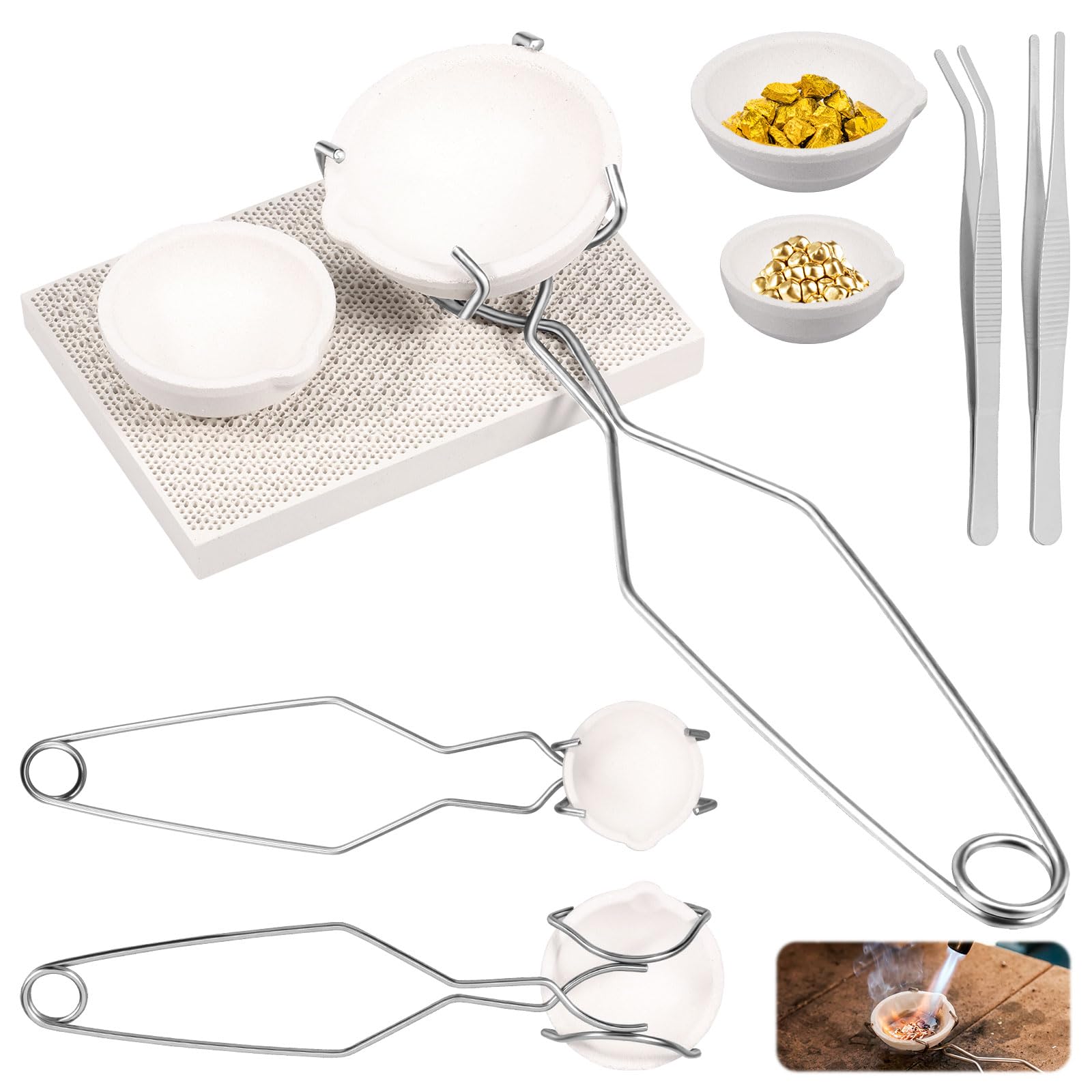 Set di 12 pezzi di fusione, crogiolo, alta resistenza al calore, 3 piccoli e 3 grandi crogioli al quarzo in ceramica, 3 pinze, 2 pinzette e 1 cuscinetto a nido d'ape, set di fusione in metallo per