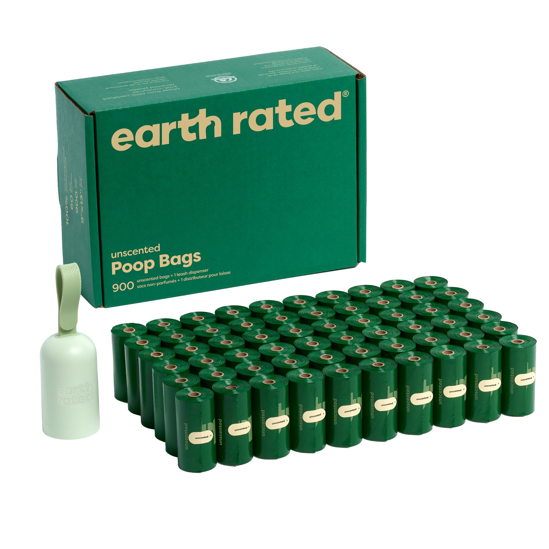 Earth Rated Dog Poo Bag Holder with Dog Poo Bags Rolls, Durable and Guaranteed Leakproof, Unscented, 1 Dispenser and 900 Bags