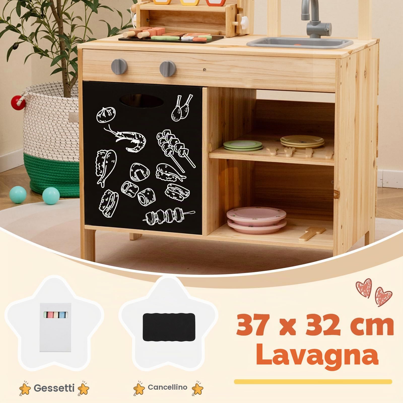 HOMASIS Cucina per Bambini da Esterno, Cucinetta da Gioco con Griglia, Lavagna e Lavello, Cucina Giocattolo con 27 Accessori per Bambini dai 3+ Anni in su, Naturale