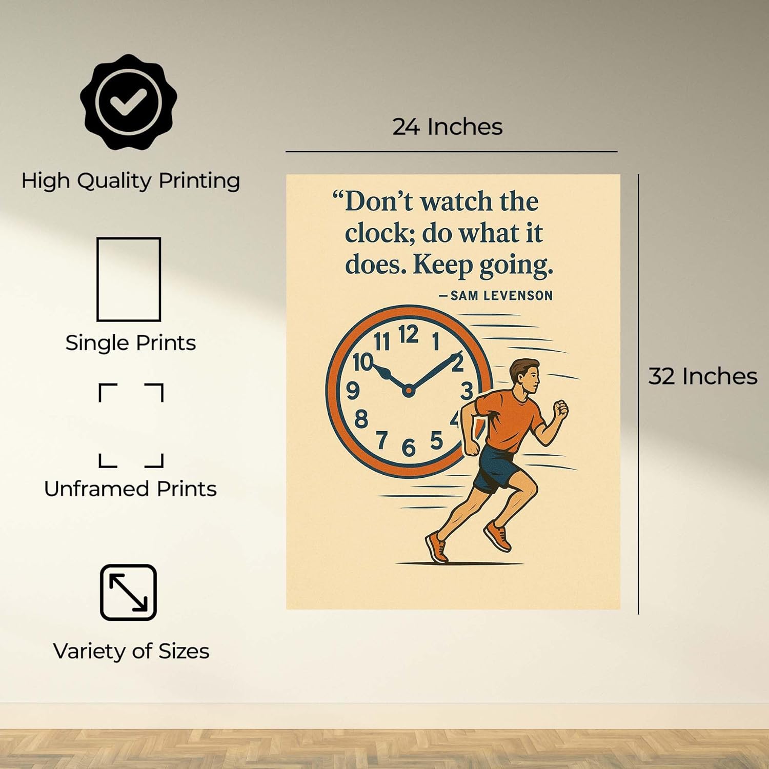 InkFlow Posters Keep Going Poster - Time Focus Motivation Illustration - Runner and Clock Modern Graphic Print - Inspiration Wall Decor for Office, Gym, Study - 24x32 Unframed Canvas Print