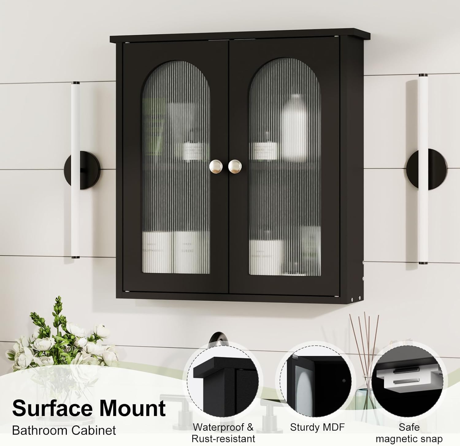 Black Bathroom Wall Cabinet,Bathroom Cabinet Wall Mounted with Arched,Medicine Cabinets Over Toilet,Surface Mount Medicine Cabinet for Laundry Room,Kitchen,Storage Cabinet 22x23