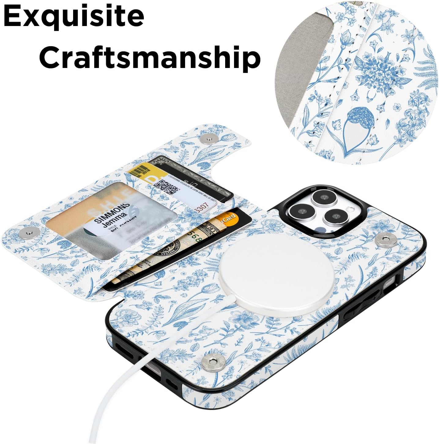 uCOLOR Compatible with iPhone 12/12 Pro Wallet Case with Card Holder Slot Folio Flip PU Leather Kickstand Double Magnetic Clasp and RFID Blocking Design (Blue Toile Flowers, iPhone 12/12 Pro)