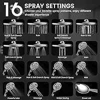 Vista 2 de FEELSO Combo de cabezal de ducha de alta presión de 10 pulgadas con rociador de mano, 16 ajustes, brazo ajustable de 11 pulgadas, interruptor