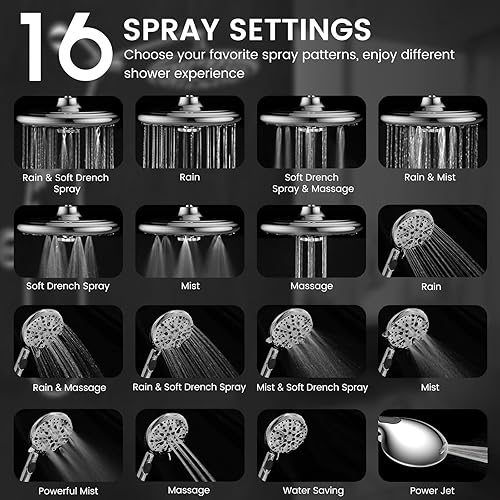 Miniatura 2 de FEELSO Combo de cabezal de ducha de alta presión de 10 pulgadas con rociador de mano, 16 ajustes, brazo ajustable de 11 pulgadas, interruptor de