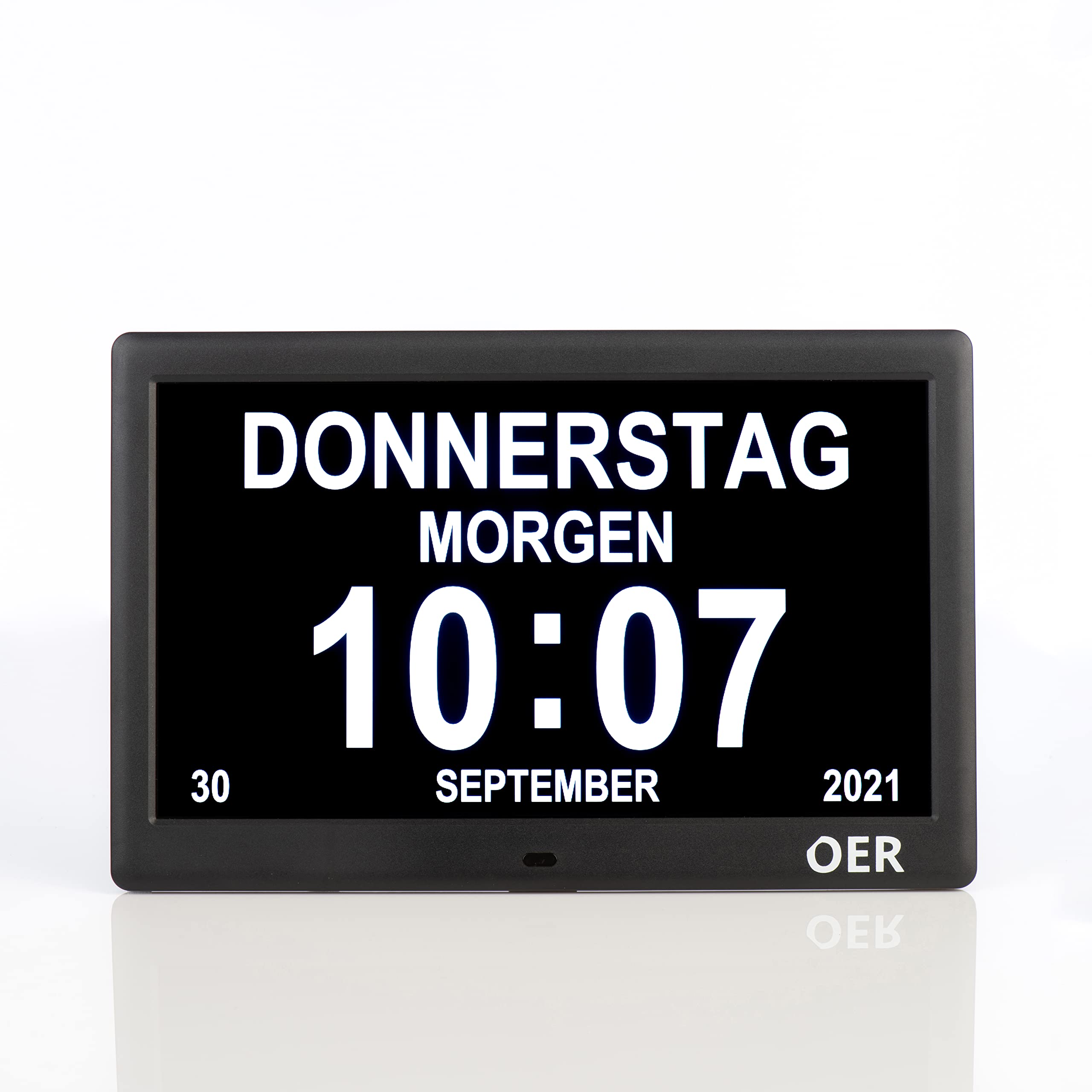 OER - Demenzuhr XXL - Digitaler Kalender und Seniorenuhr - Digitale und analoge Anzeige - Kalenderuhr für Demenz - Schreiben eigenen Alarme - (10 Zoll, Schwarz)