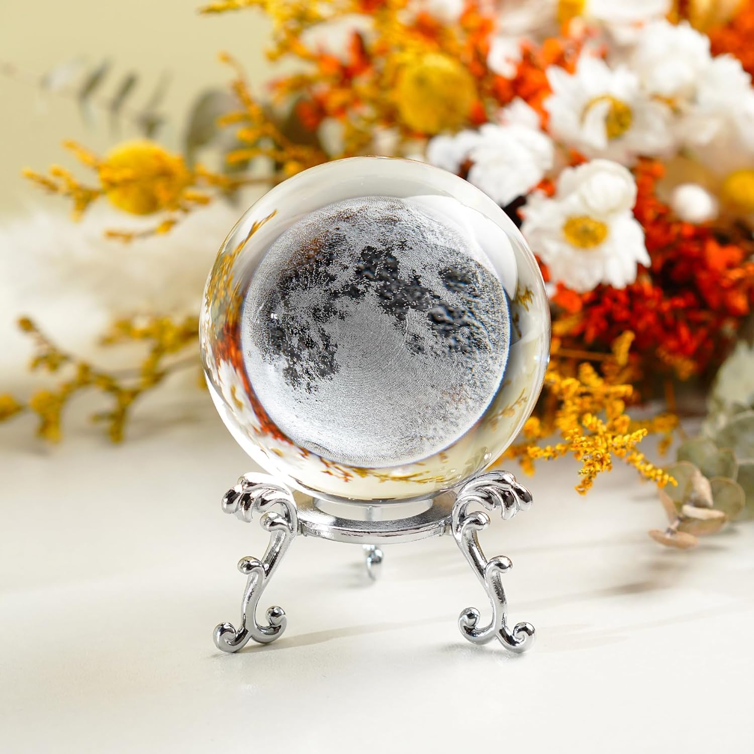 Neouth 60mm(2.3inch) Moon Crystal Ball Paperweight 3D Laser Engraved Quartz Glass Ball with Stand Sphere Table Decor Crafts 1