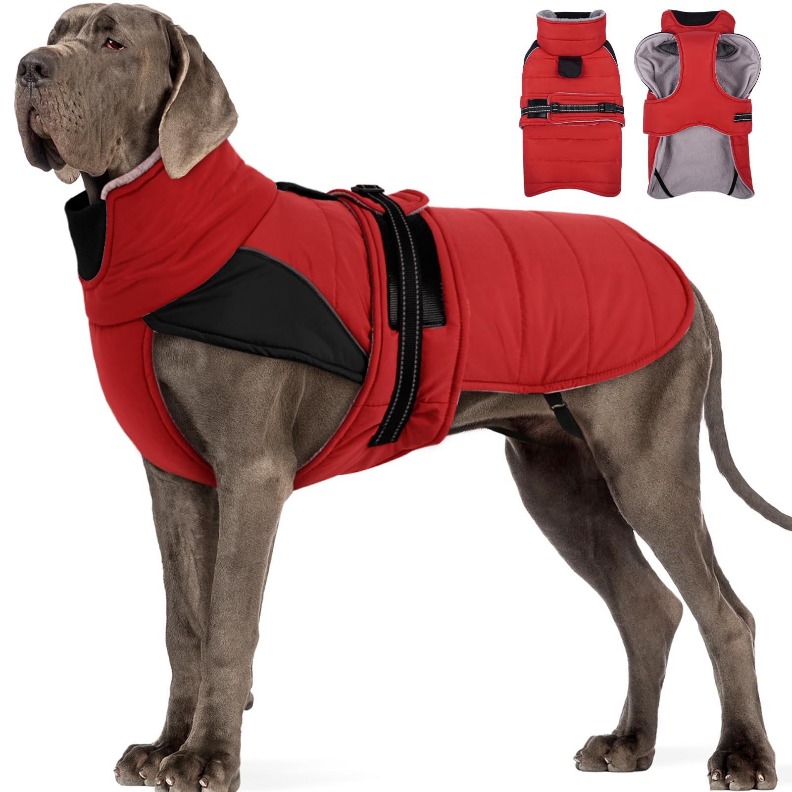 MIGOHI Thermo-Fleecejacke für große Hunde, regenfester Mantel für große Hunde, dicker Wintermantel, Schneejacke für Hunde, winddicht, für Jagd, Camping, windige kalte Tage, Dobermann, Deutsche Dogge