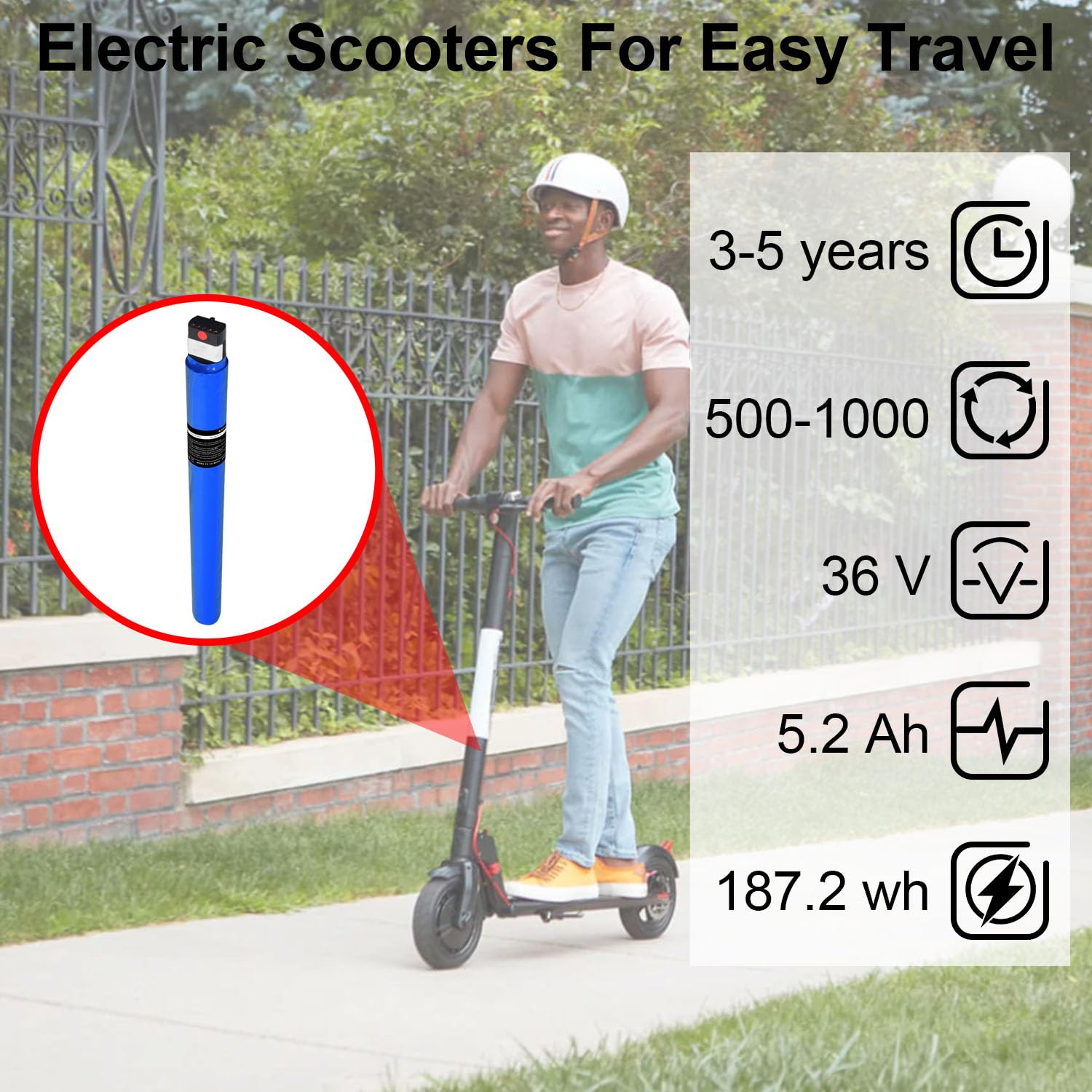 CWUU Electric Scooter Battery 36V 5.2Ah Replacement for Gotrax GXL V2 Model Scooters 5200mah High Capacity 187.2Wh Lithium Pack, Length: 21.45inches Diameter: 1.75inches