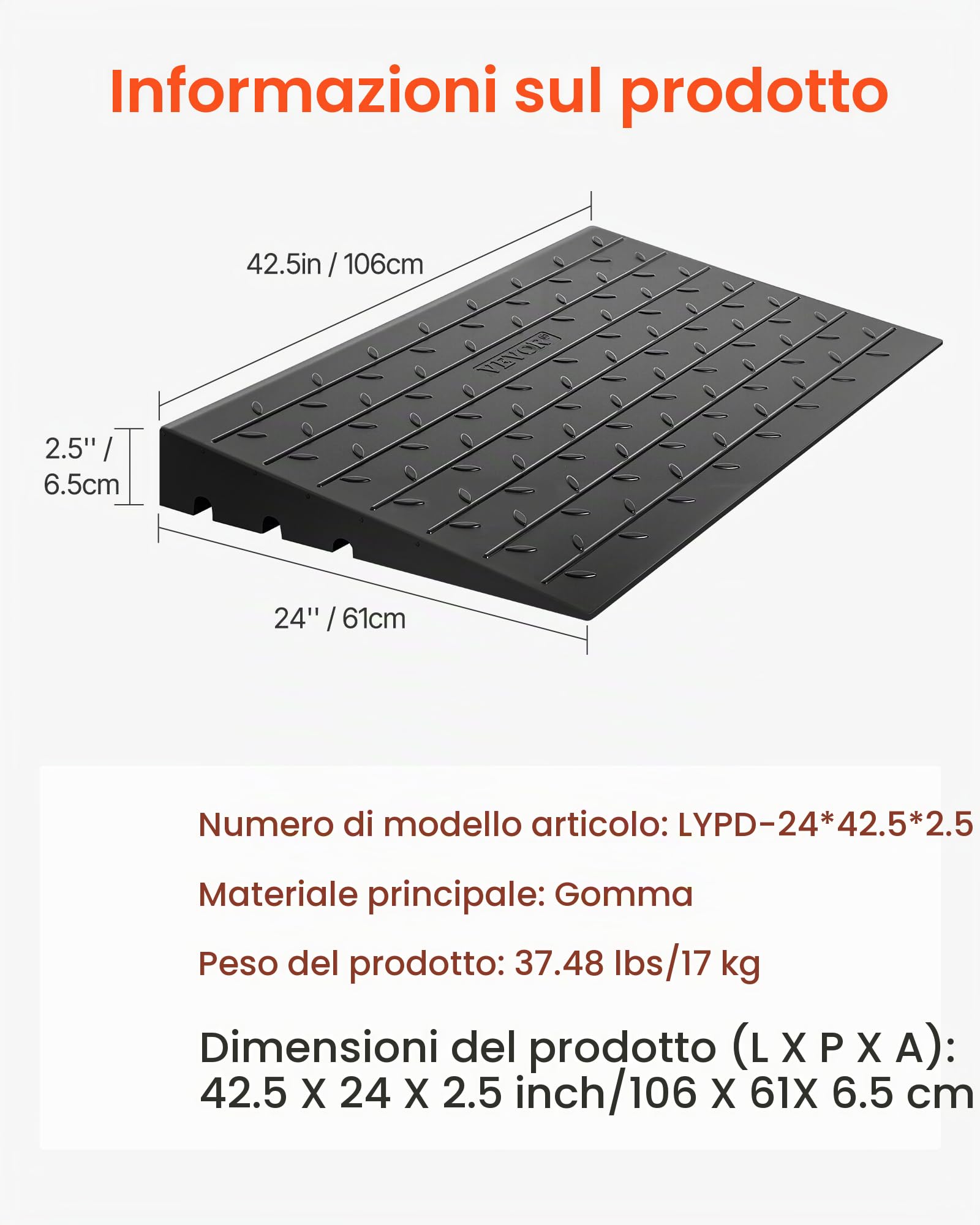VEVOR Rampa di Soglia in Gomma, Porta con Rampa di Soglia 2,6", Copertura del Cavo a 3 Canali Rampa di Soglia in Gomma Solida, Ingresso Angolato in Gomma Capacità di Carico di 2202 libbre