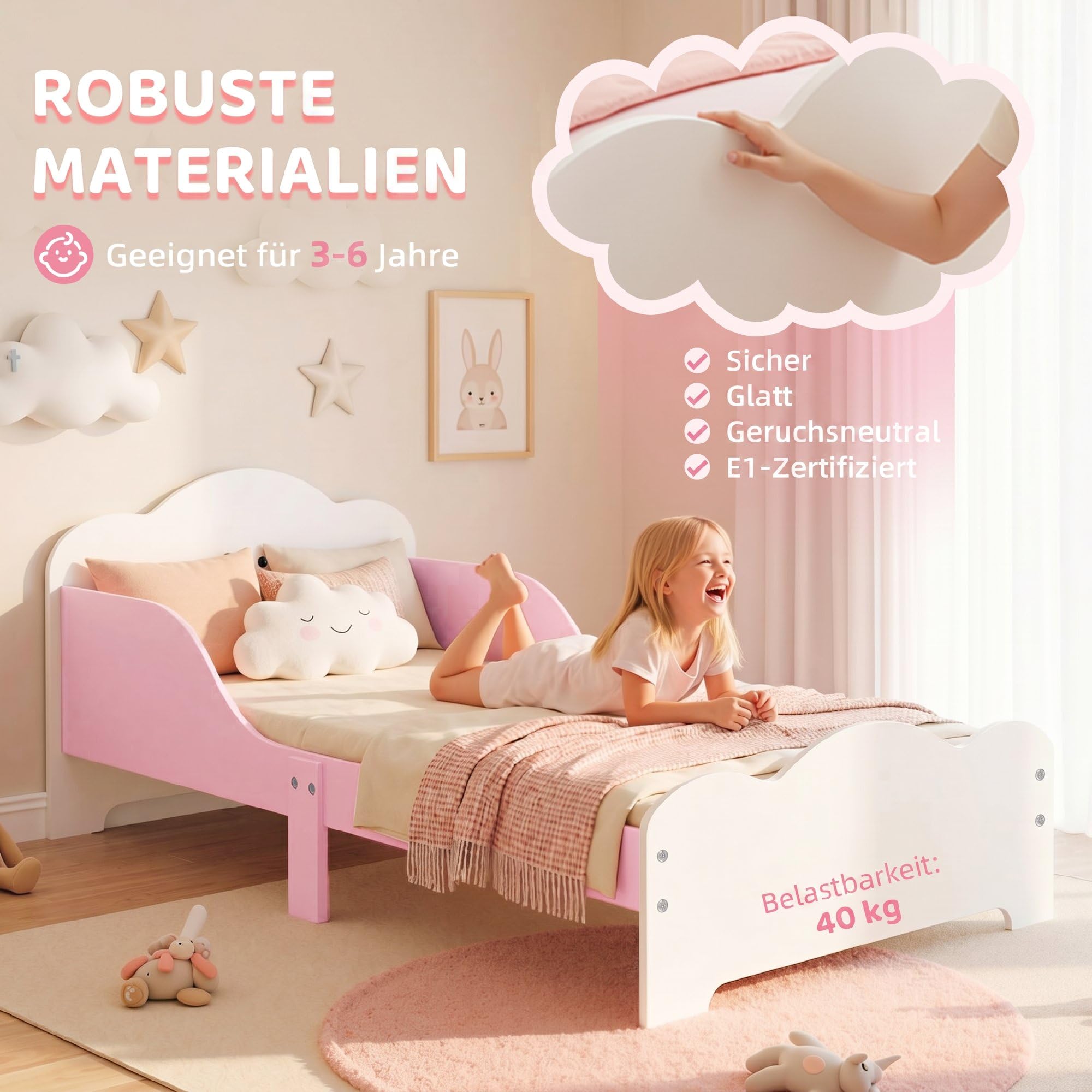 AIYAPLAY Kinderbett, 140x70 cm Kleinkindbett mit Rausfallschutz, Lattenrost, Jugendbett Bettgestell für Mädchen und Jungen, ohne Matratze, Rosa