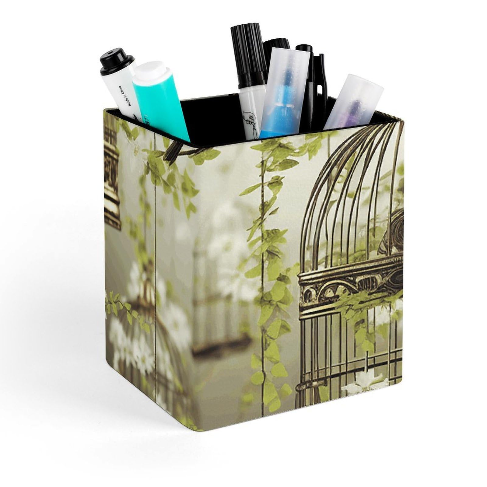 FekiLoot Birdcages And Birds Pencil Holder Square Leather Pen Holder Cup Modern Multi-Functional Pencil Cup Holder Decorative Desk Organizer Caddy Makeup Brush Holders for Desk Office