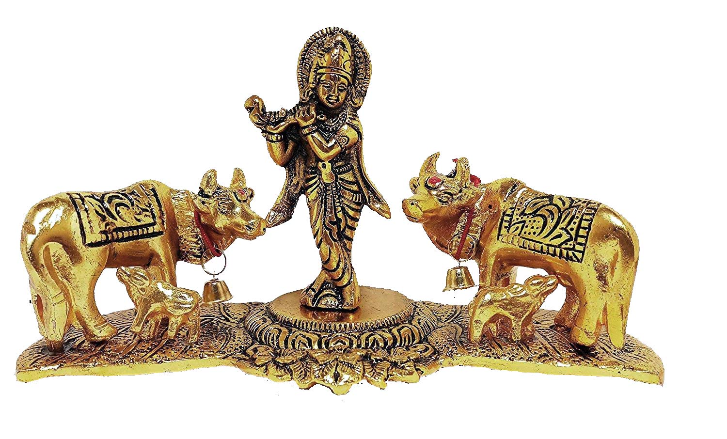 RCI Handicrafts Metal Cow Pair with Krishna Standing Luck Holy Spiritual Showpiece for Home Decor (Gold, 21x11x9)