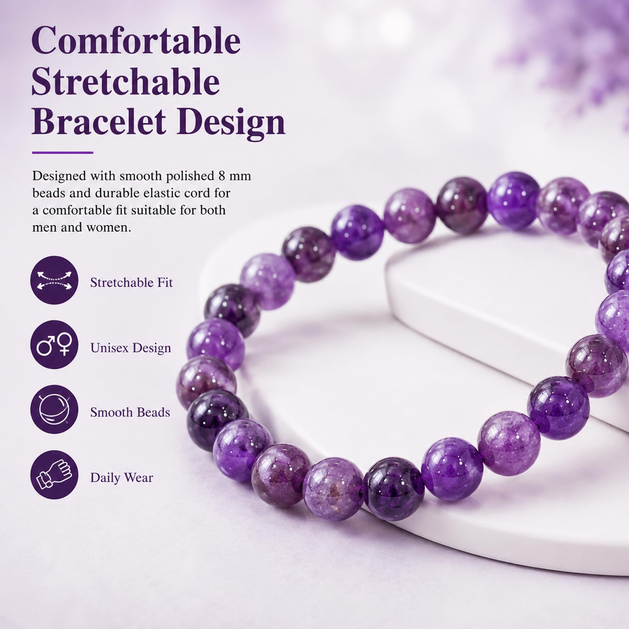 Serein Amethyst Bracelet Round 8mm Beaded Healing Crystal Stone Adjustable Authenticate Bracelets for Calmness, Stress Relief, Emotional Balance, Spiritual Awareness, Intuition, Focus for Men & Women 2