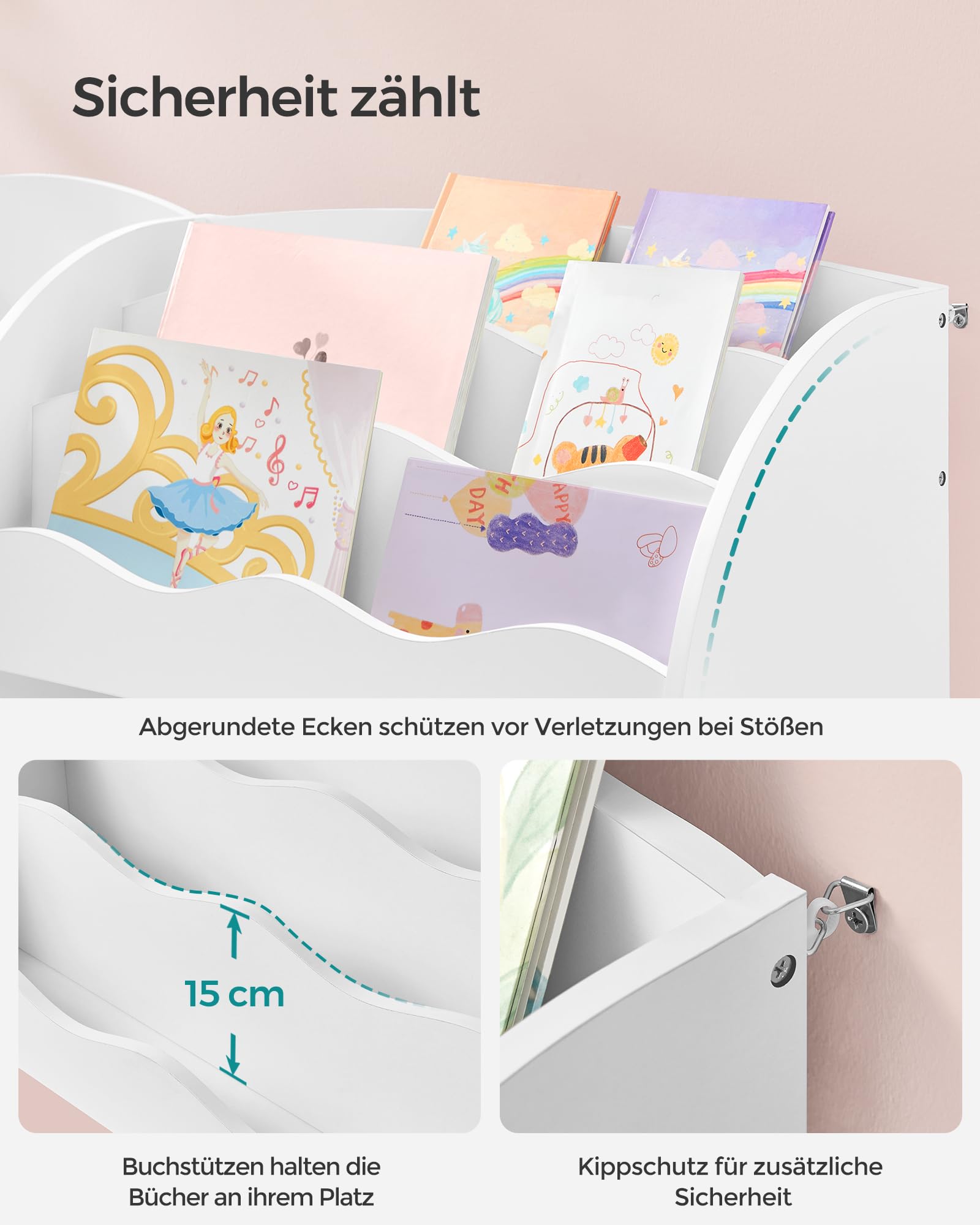 SONGMICS Bücherregal Kinder, Kinderregal, Spielzeugregal mit 2 Aufbewahrungsboxen, für Bücher, Kinderzimmer, Spielzimmer, Wohnzimmer, wolkenweiß GKR042W01