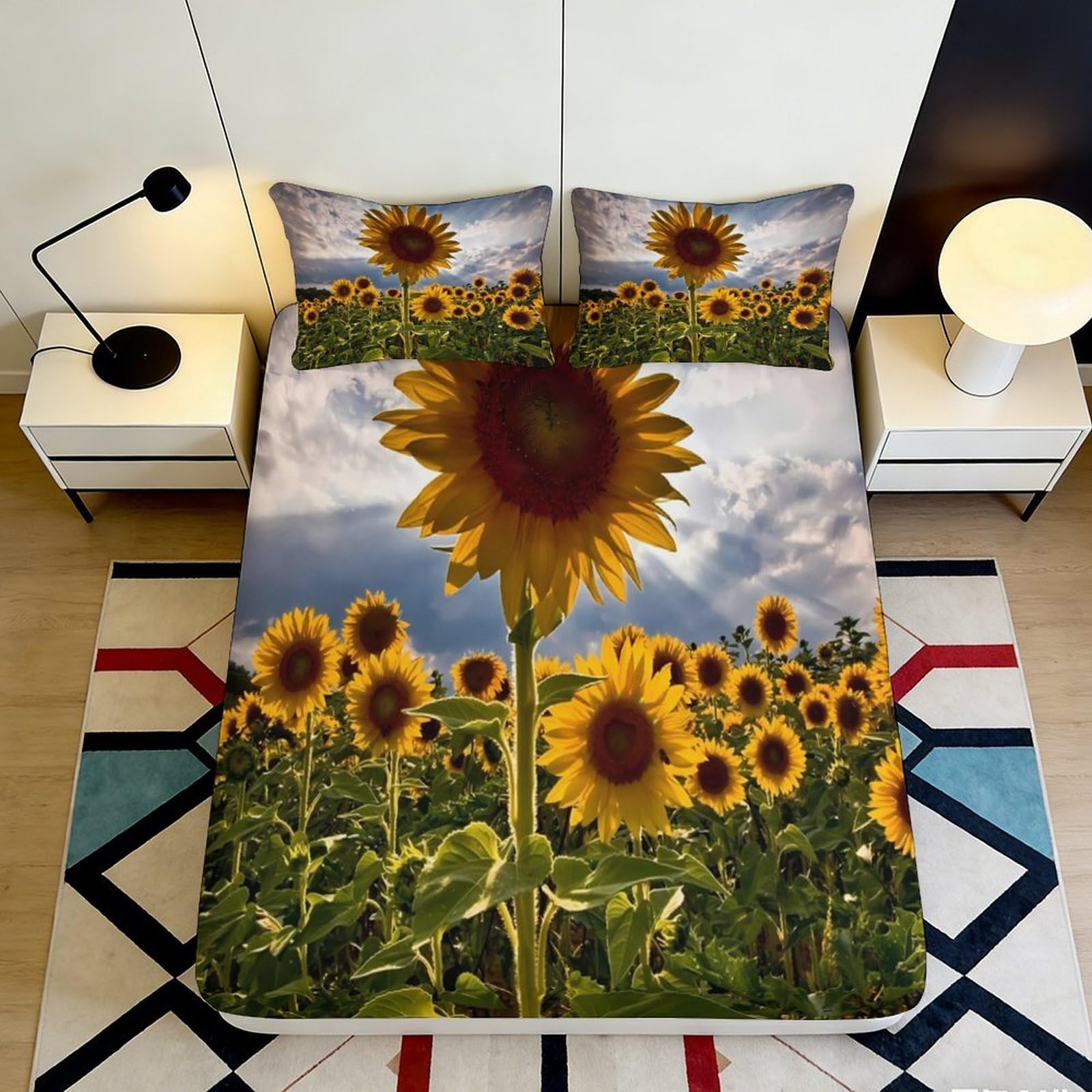 3D Printed Sunflower Field Fitted Sheet Microfiber Soft Breathable Floral Mattress Cover for Bedroom Guest Room Decor 90x200x25cm