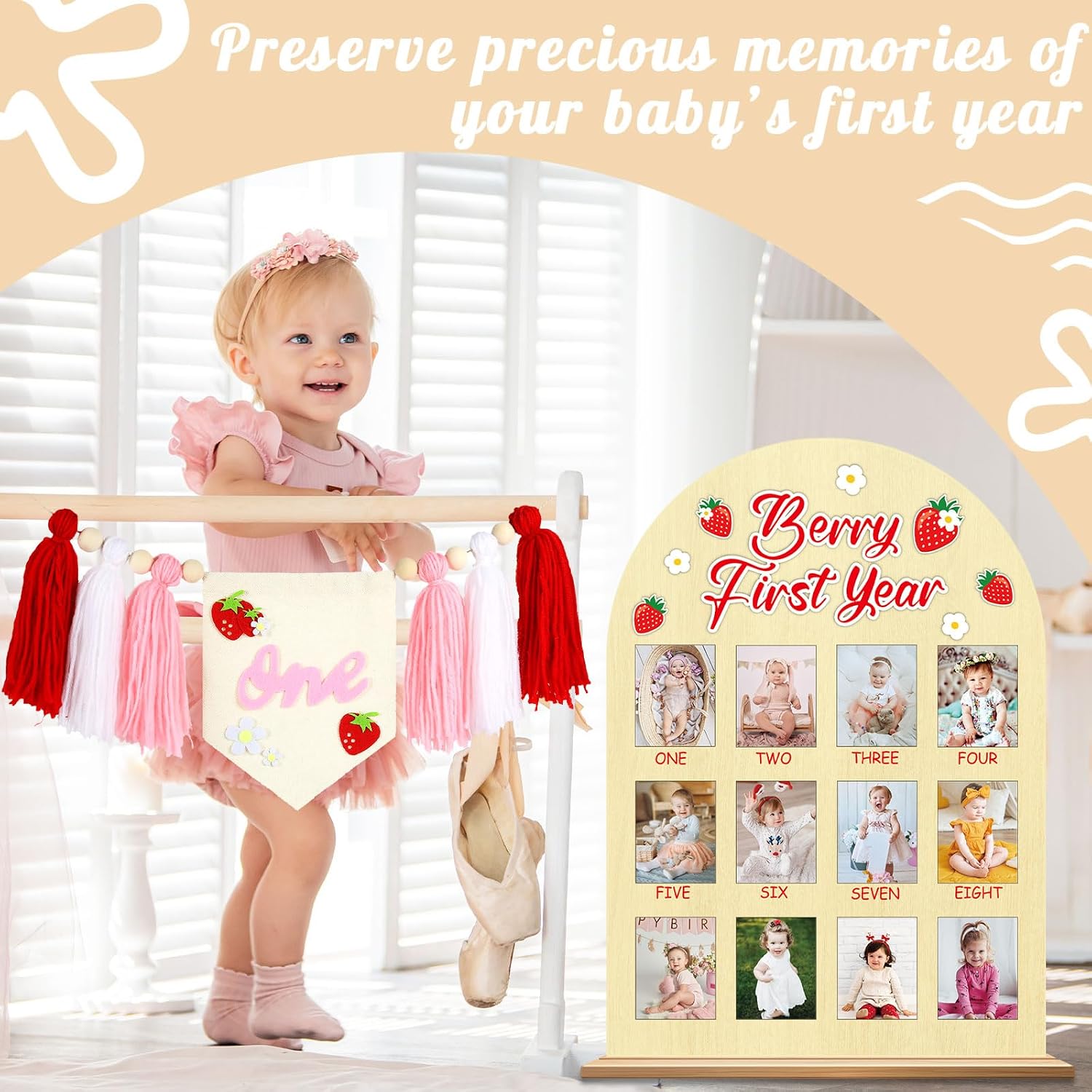 Berry First Year Wooden Photo Board and Tassel Banner Strawberry 1st Birthday High Chair Banner Photo Display Set 12 Monthly Milestone Picture Frame Party Decorations for Baby Keepsake Gift