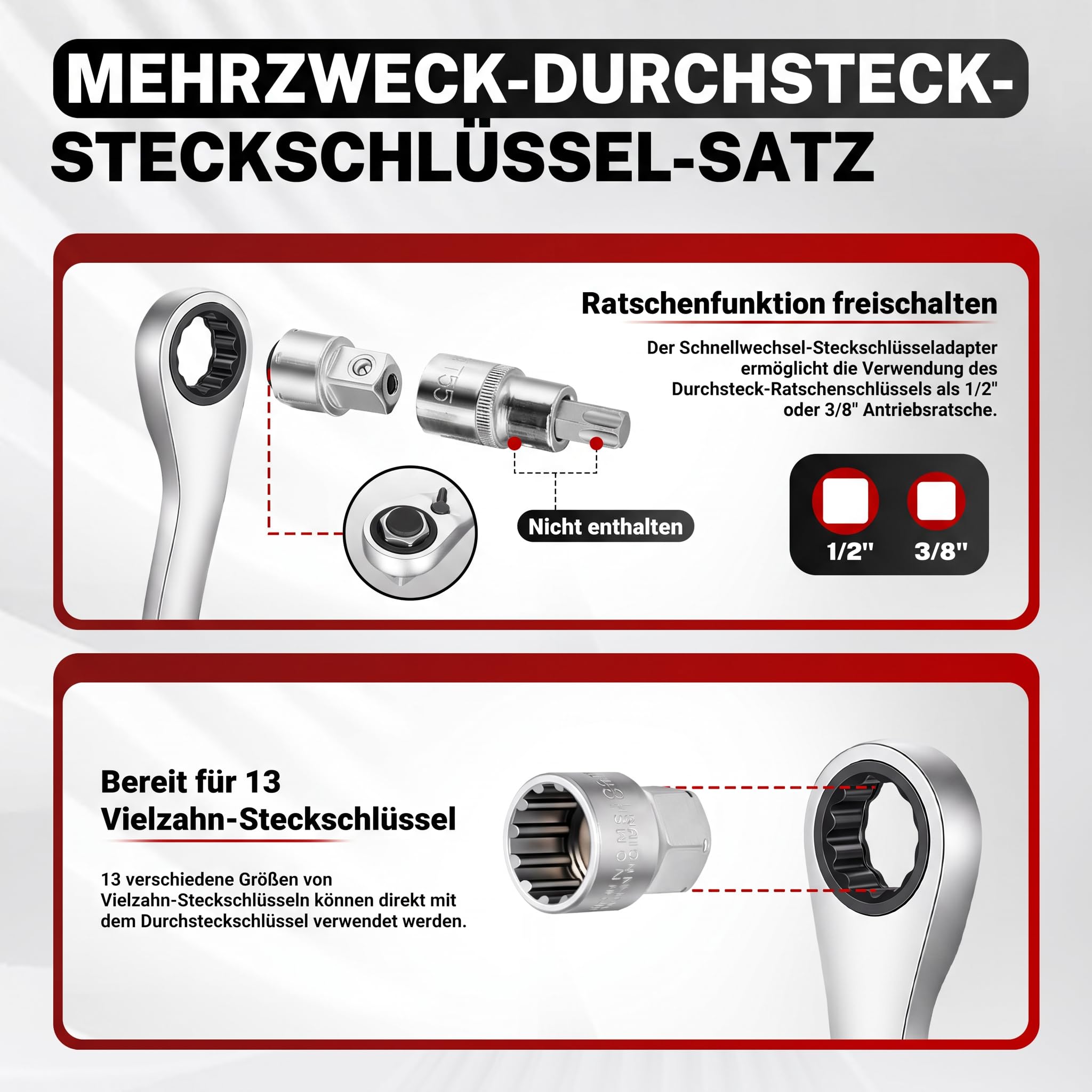 BILITOOLS 17-tlg. Durchsteck-Steckschlüssel Set 3/8 & 1/2 Zoll