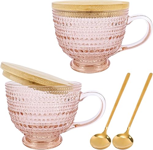 Juego de 2 tazas de café con leche vintage de 16 onzas, taza de café grande en relieve de vidrio rosa con tapa y cucharas de bambú, tazas de té